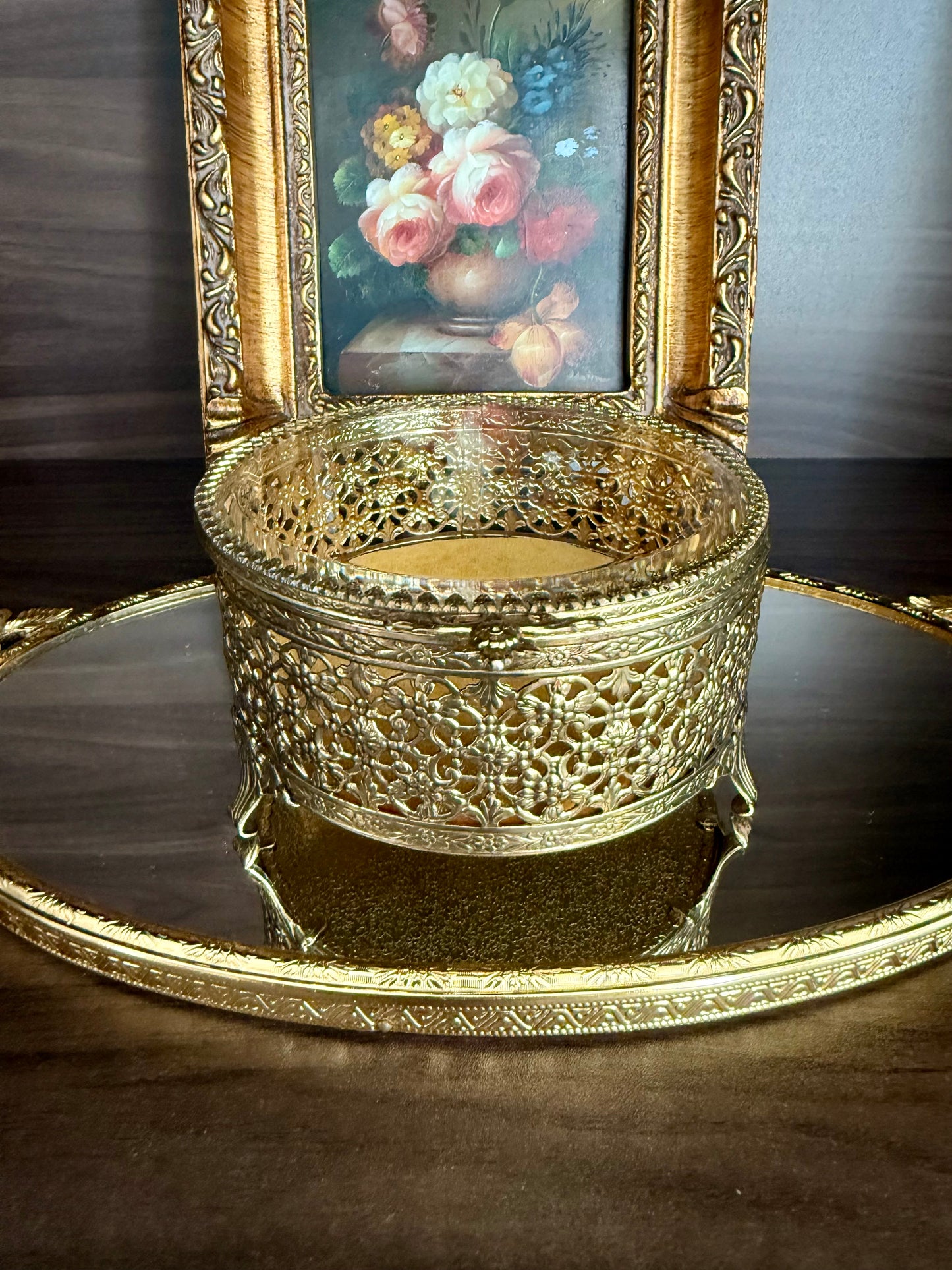 Hollywood Regency Style Vintage Round Gold Filigree Ormolu Glass Top Jewelry/ Trinket Box Footed