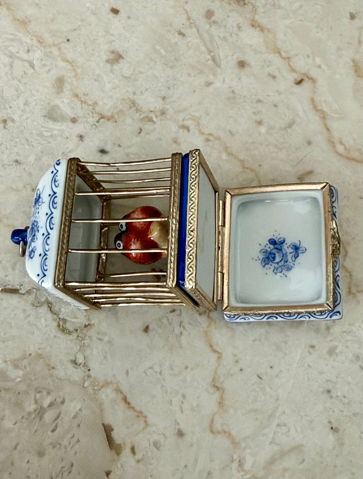 French Limoges Hand-painted Vintage Porcelain Love Birds in Cage Trinket/ Pill or Jewelry Box