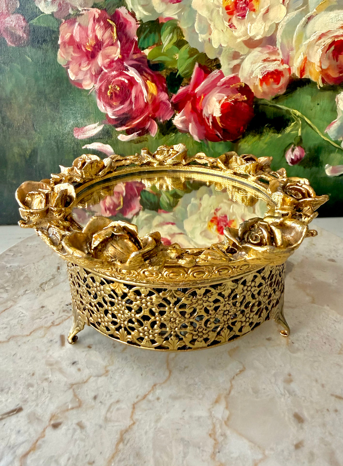 1960s Hollywood Regency Vintage 24K Gold-plated Ormolu Filigree with Mirrored Glass and Rose Motifs Trinket Box or Powder Jar