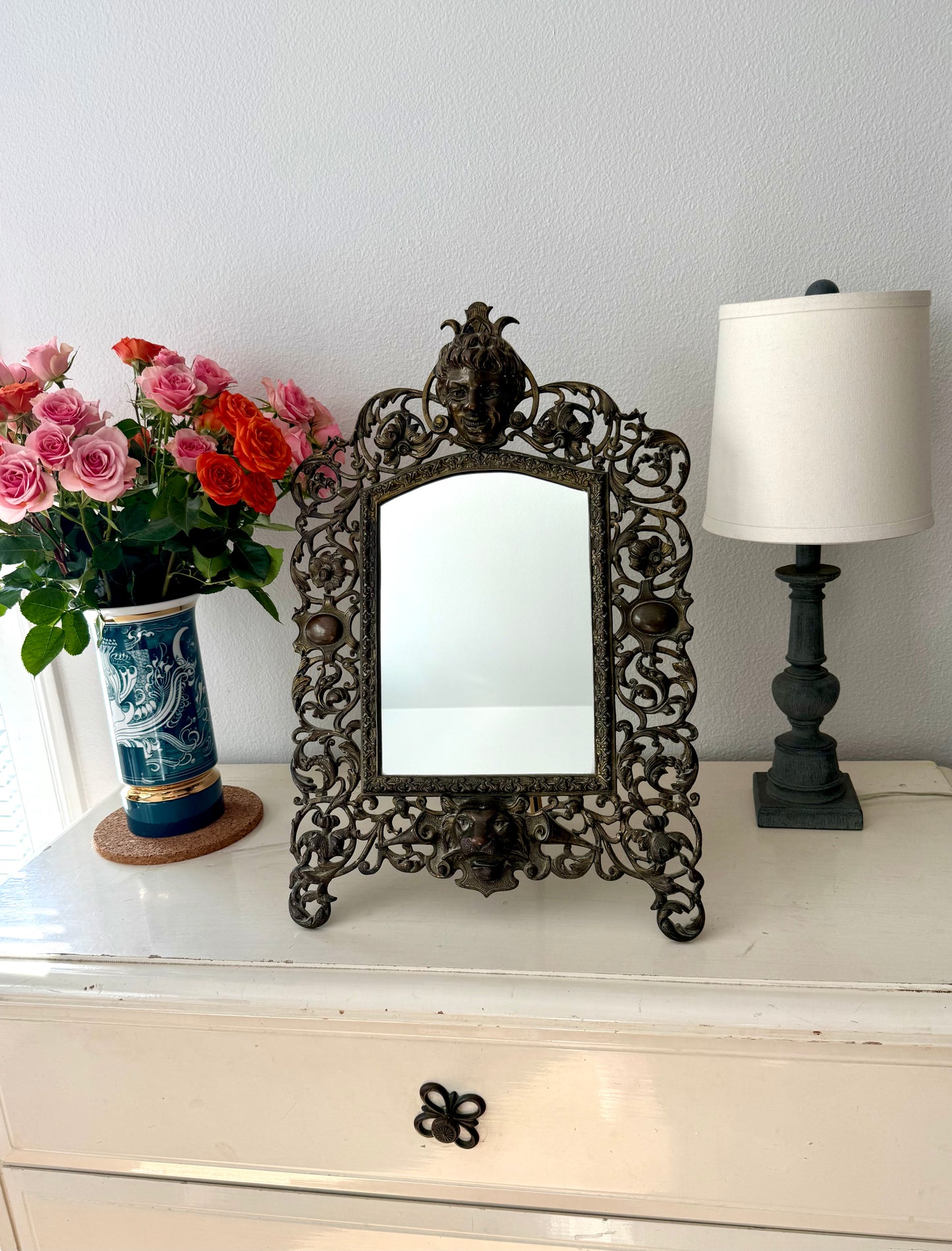Antique Gilded Cast Iron Cherub and Lion Heads, Victorian French Style Ornate Vanity Table Mirror from Late 19th Century