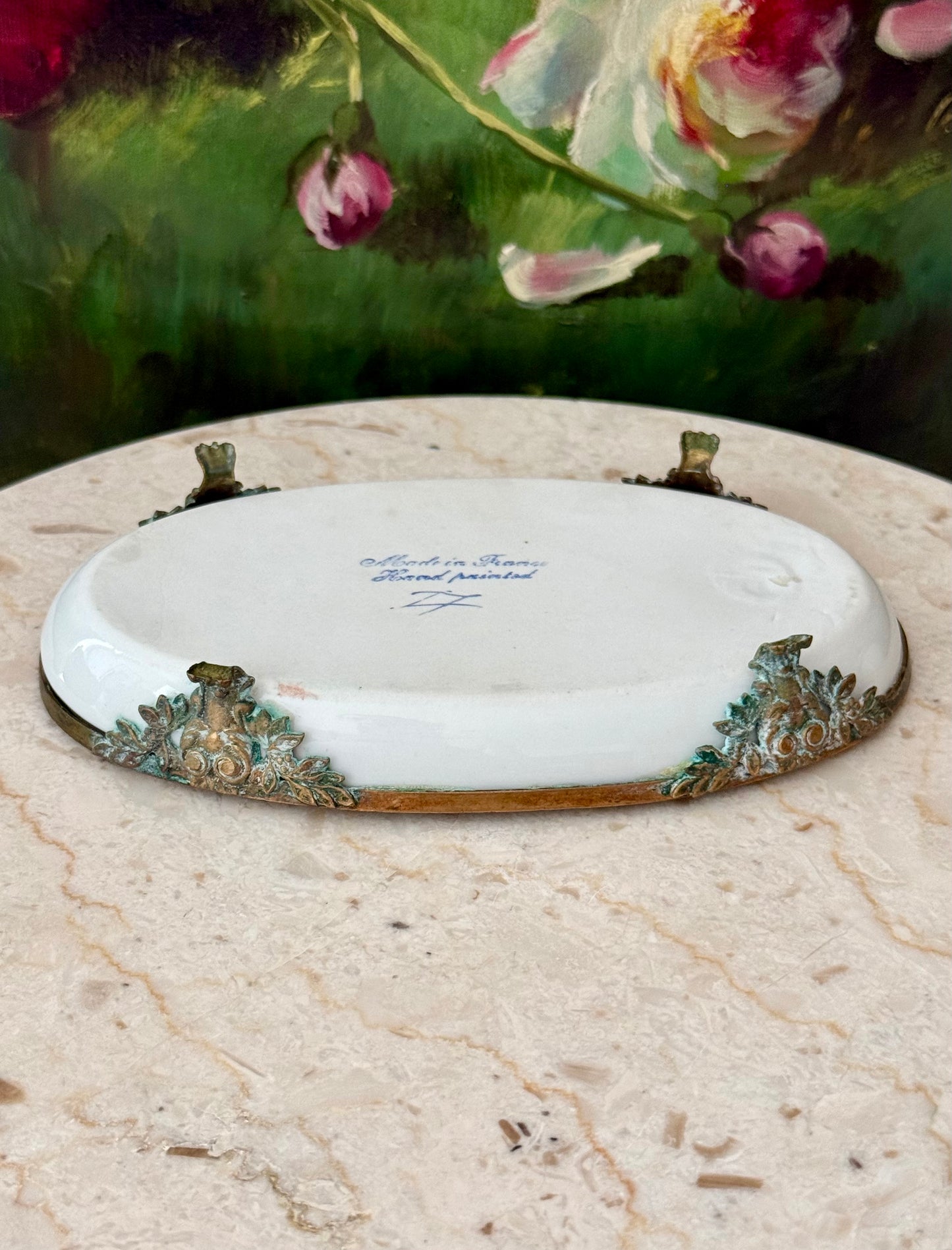 Antique Sévres Style Brass Footed and Hand-painted Oval Porcelain Decorative Soap Dish - Made in France