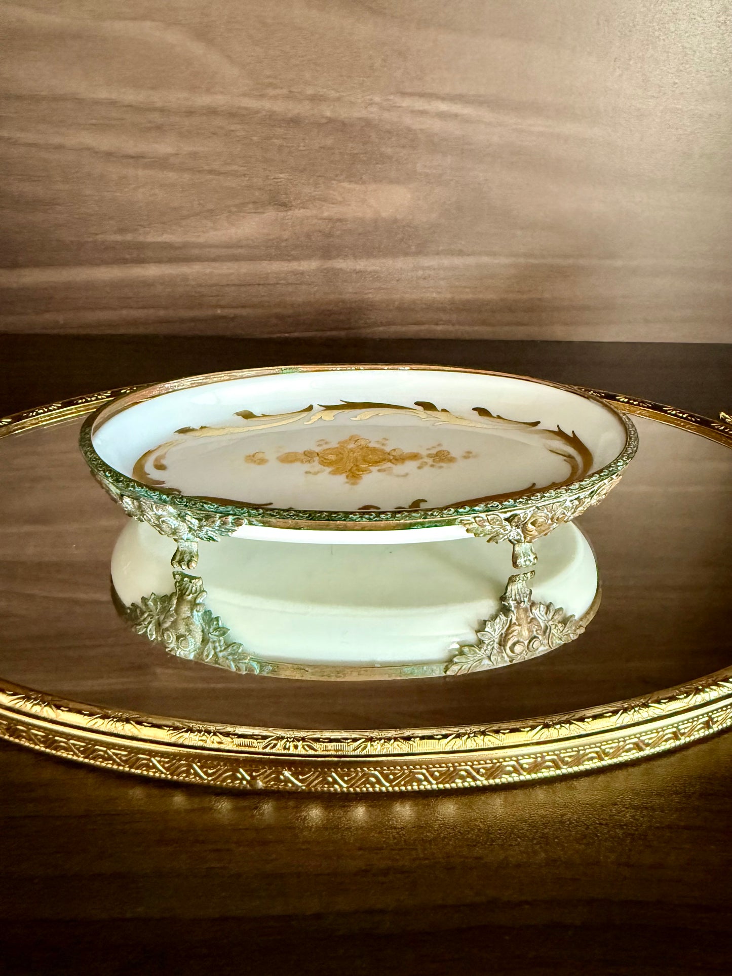 Antique Sévres Style Brass Footed and Hand-painted Oval Porcelain Decorative Soap Dish - Made in France