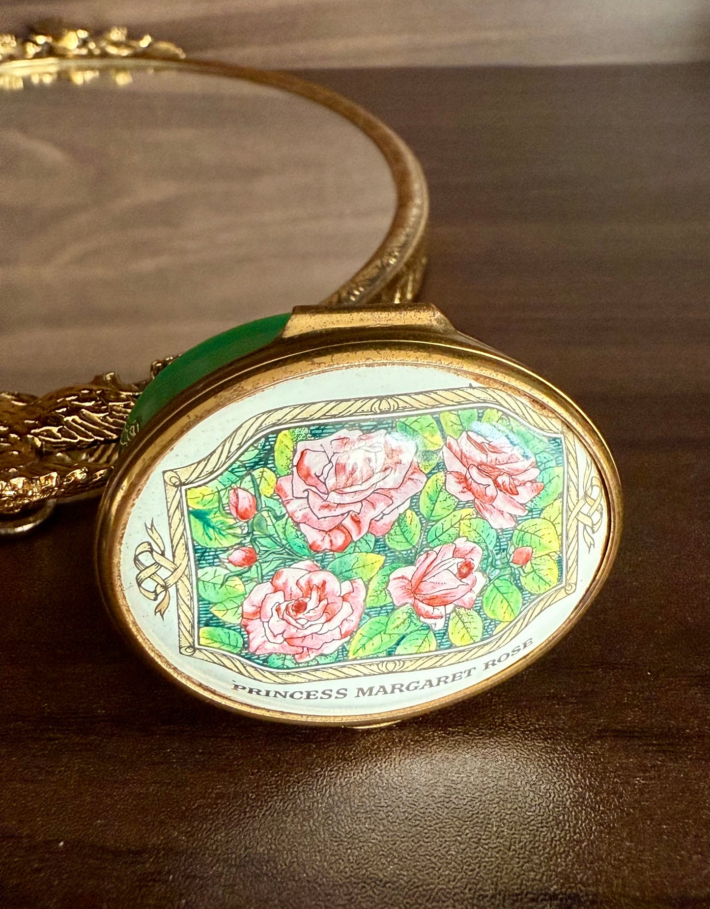 Bilston & Battersea Enamels Vintage Princess Margaret of England Hybrid Tea Rose Jewelry or Trinket Box - Made in England