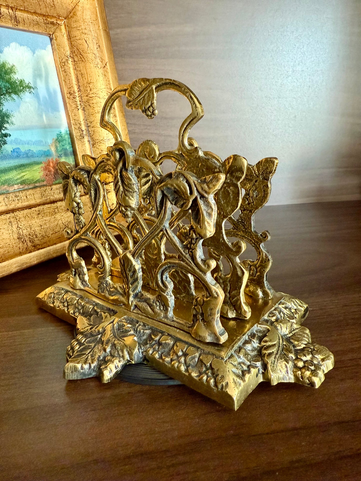 Vintage Brass Letter or Napkin Holder Desk Organizer with Grape Leaf Decoration, Made in England