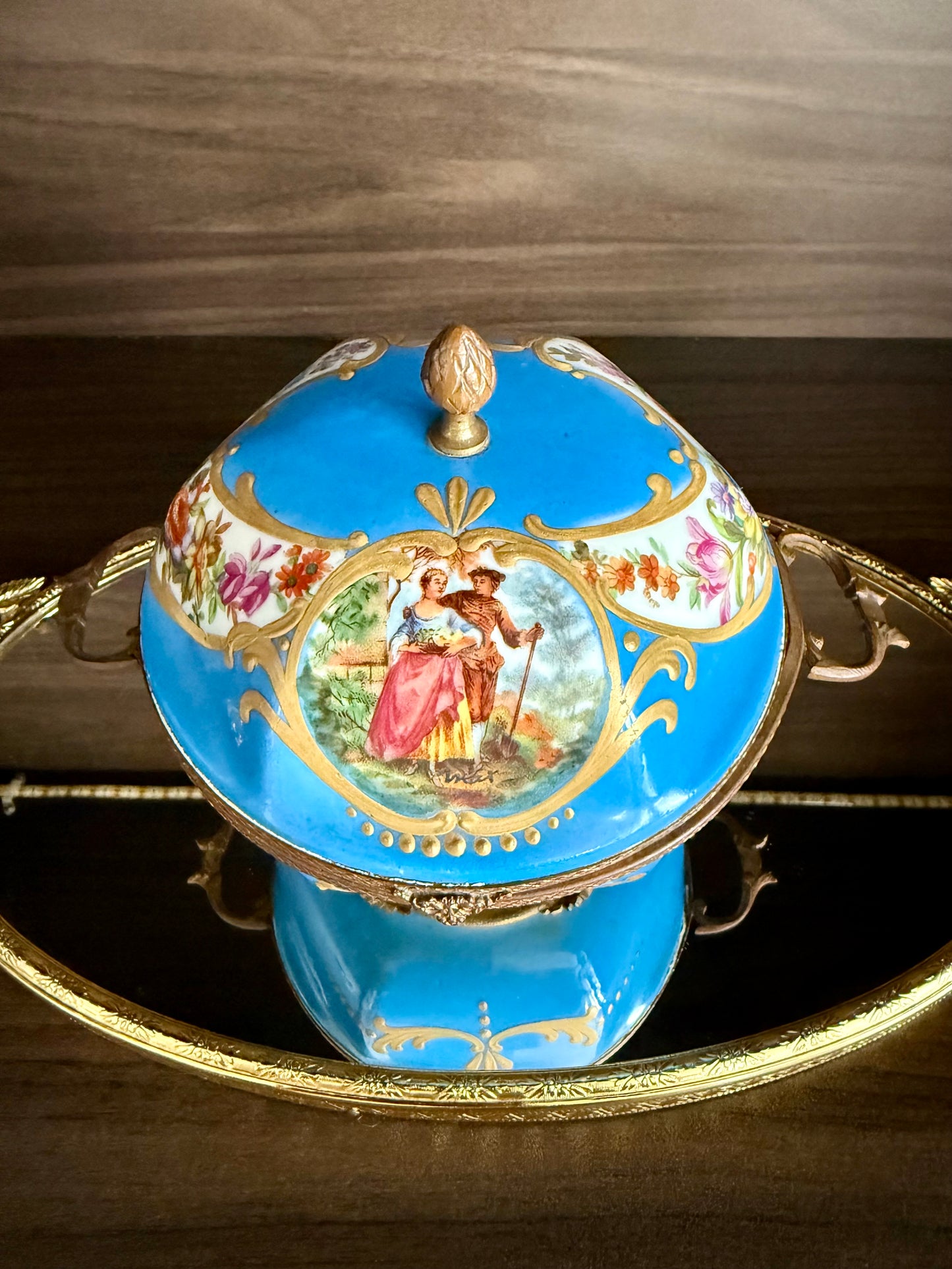 Antique Capodimonte Footed Hand Painted Blue Porcelain Dresser Box, Made In France