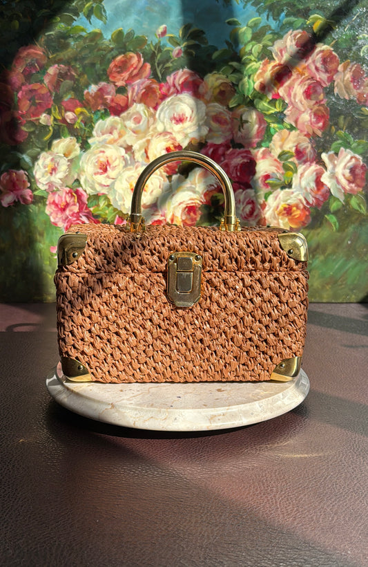 Italian Luxury Vintage Box Purse Mod Woven Raffia Brown Handbag, from the 50s or 60s