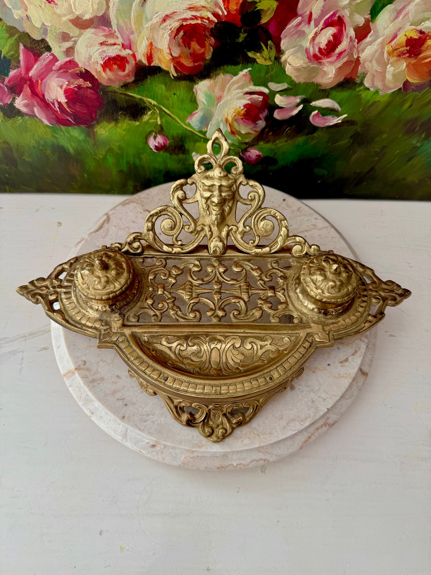 Andrea by Sadek Vintage Large Ornate Double Brass Inkwell, Made in Japan