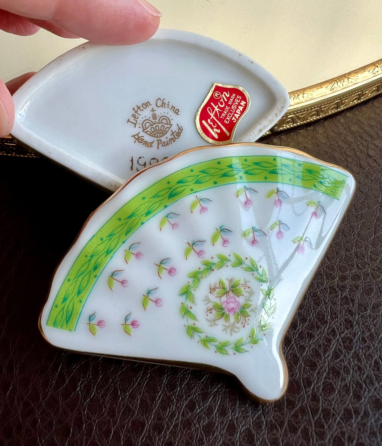 Lefton Fan Shaped Porcelain Trinket Box with Green and Pink Flowers