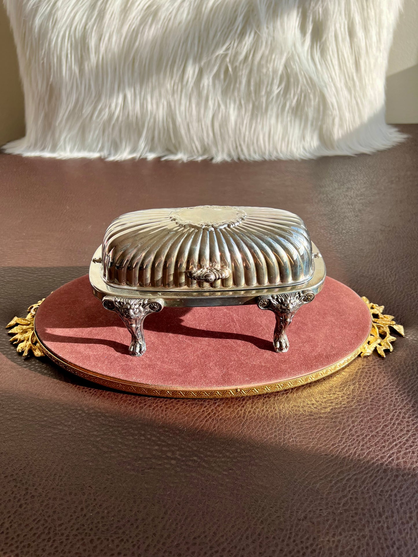 Antique F.B Rogers Silver-Plated Lion Head and Footed Butter Dish Victorian Covered Roll Top - Glass Insert