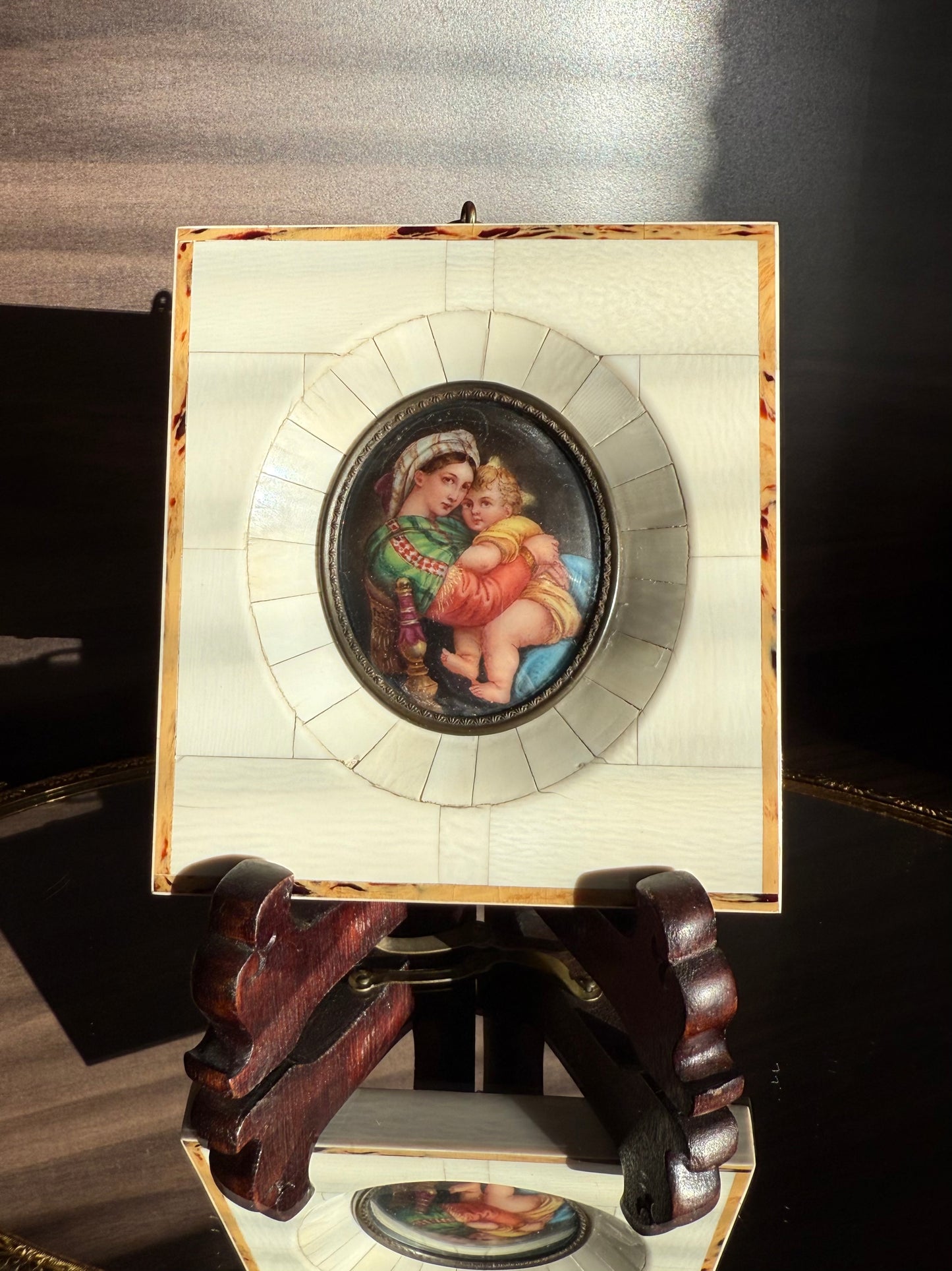 Antique Italian Miniature Porcelain Plaque Hand-painted Madonna and Child in Bone Frame