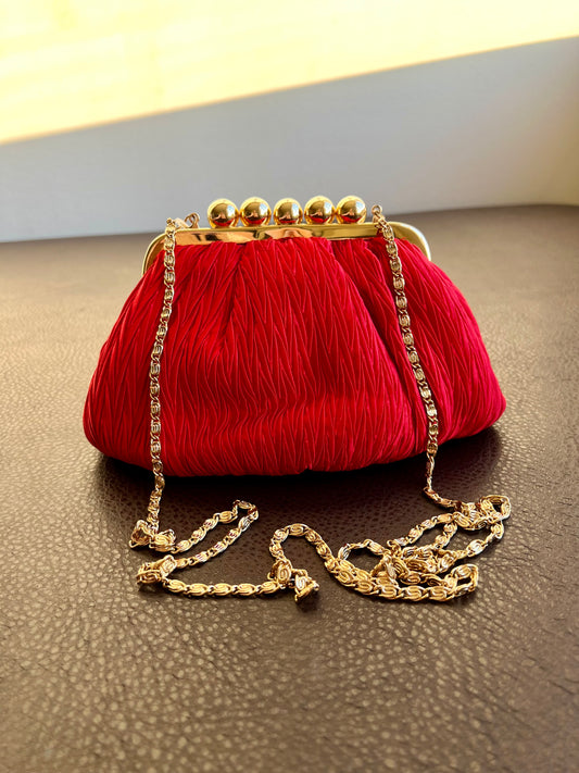 Crossbody Clutch, Robinsons Vintage Red Evening Purse, Handbag (1980s, 1990s) Pleated Satin