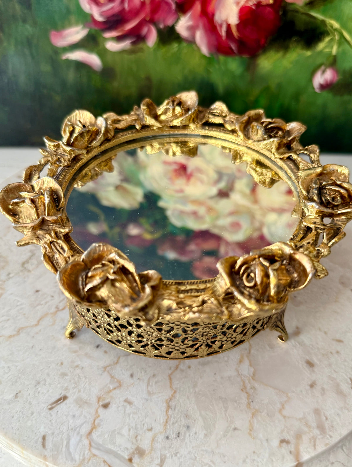 1960s Hollywood Regency Vintage 24K Gold-plated Ormolu Filigree with Mirrored Glass and Rose Motifs Trinket Box or Powder Jar