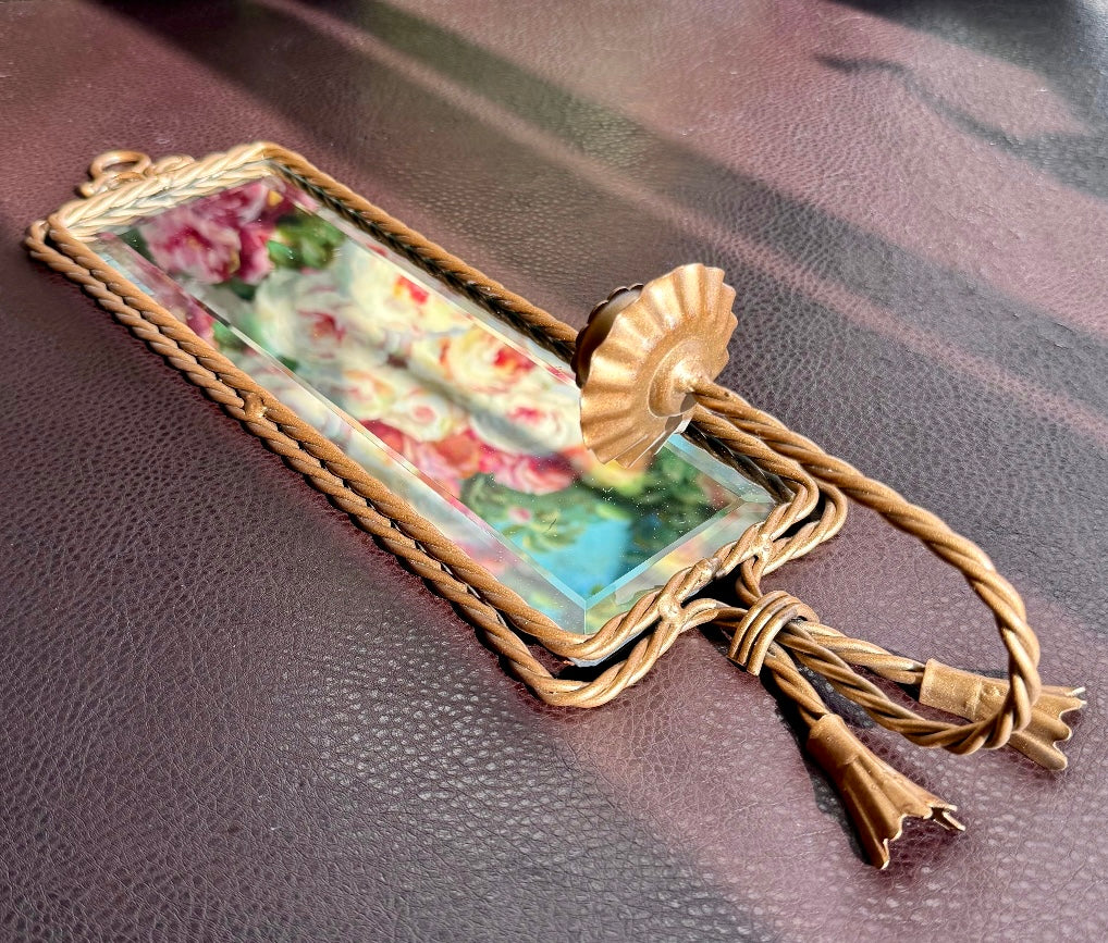 Vintage Square Long Mirror Gold Gilded Metal Frame and Rope Decoration with Tasseled Wall Candle Holder, Wall Sconce