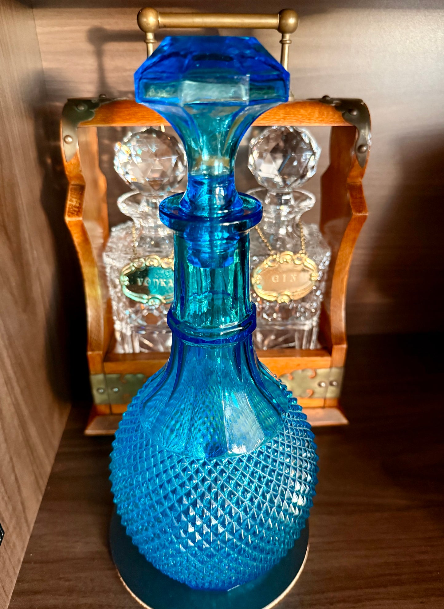 Mid-Century Italian Vintage Empoli-Style Blue Diamond Cut Glass Decanter Bottle