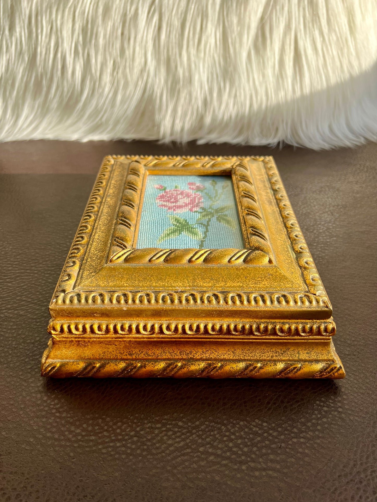 Florentine Style Vintage Gilded Wooden Jewelry Box with Tapestry Flower Decoration on Top Lid, Black Plush Lining Inside