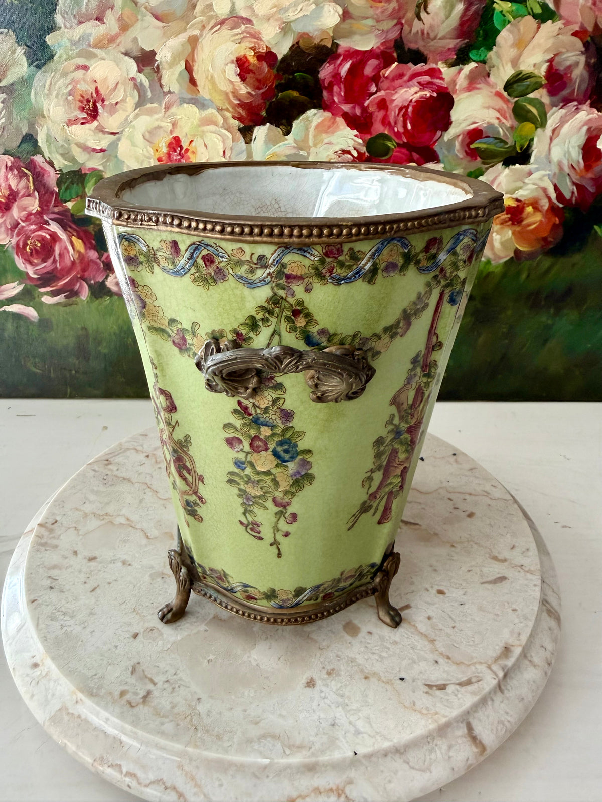 Antique Green Pheasant Bird and Floral Garland Porcelain Brass Footed Cache Pot or Jardiniere
