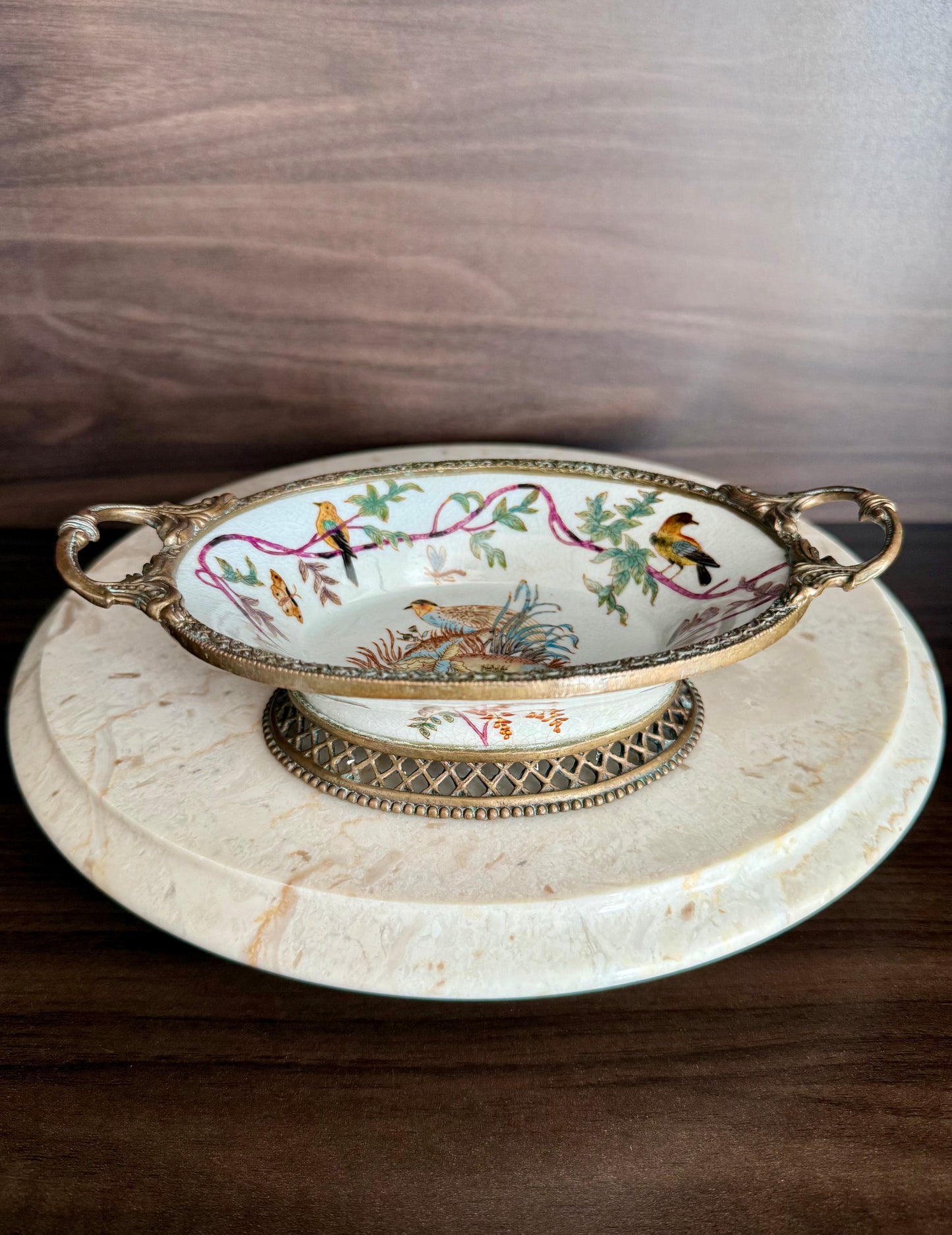 Beautiful Vintage Oval Soap Dish with Brass Feet and Handles with Floral and Bird Motif