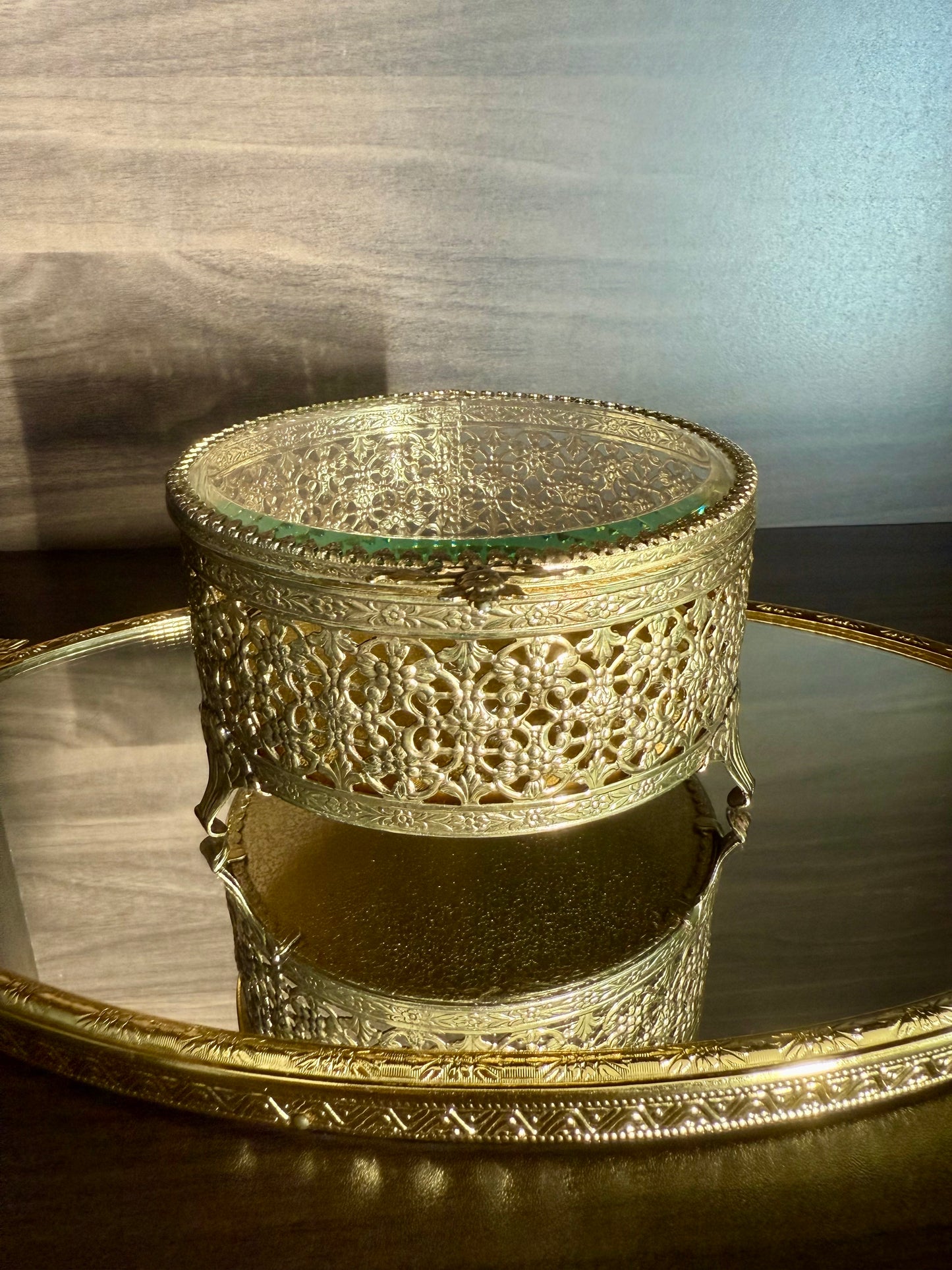 Hollywood Regency Style Vintage Round Gold Filigree Ormolu Glass Top Jewelry/ Trinket Box Footed