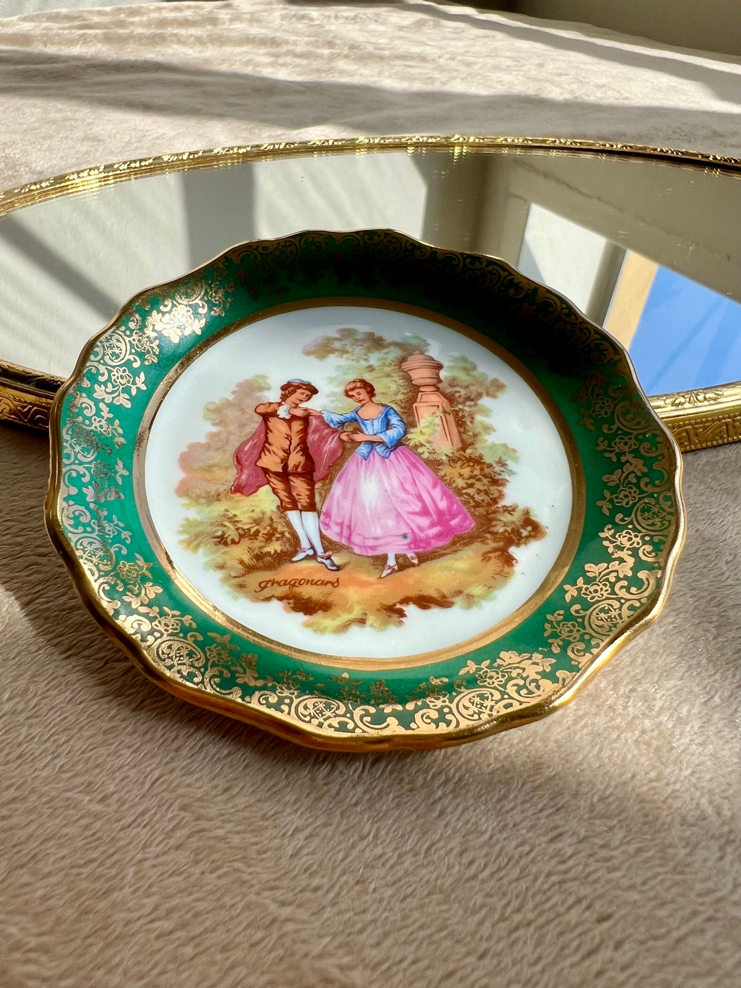 Miniature Vintage Limoges Fragonard Pink & Green Plates With a Courting Couple (2 pc)