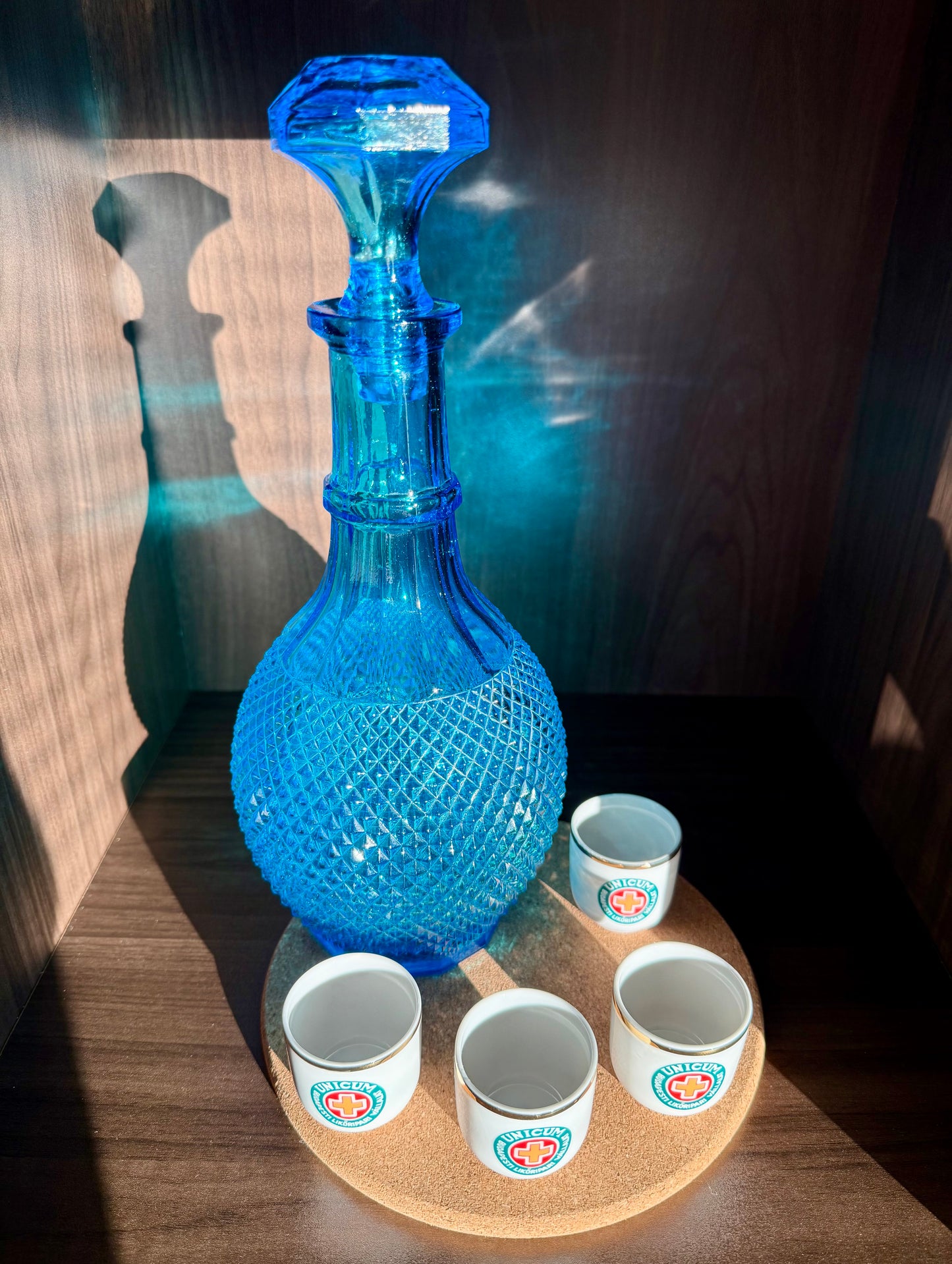 Mid-Century Italian Vintage Empoli-Style Blue Diamond Cut Glass Decanter Bottle