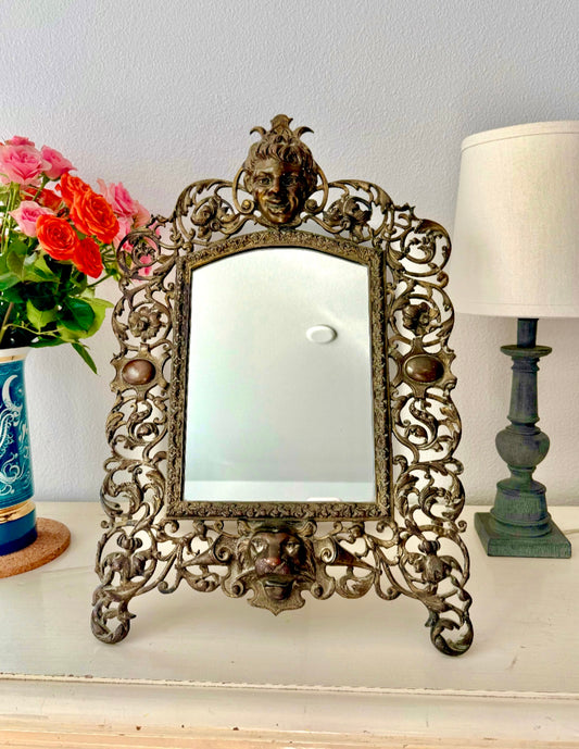 Antique Gilded Cast Iron Cherub and Lion Heads, Victorian French Style Ornate Vanity Table Mirror from Late 19th Century