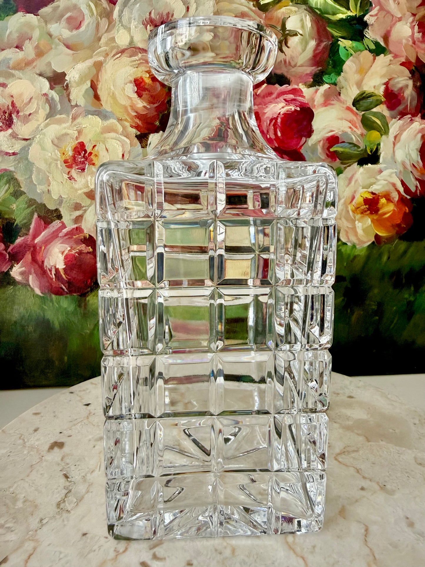 Atlantis Helsinki Style Vintage Cut Crystal Square Glass Whiskey Decanter with Stopper