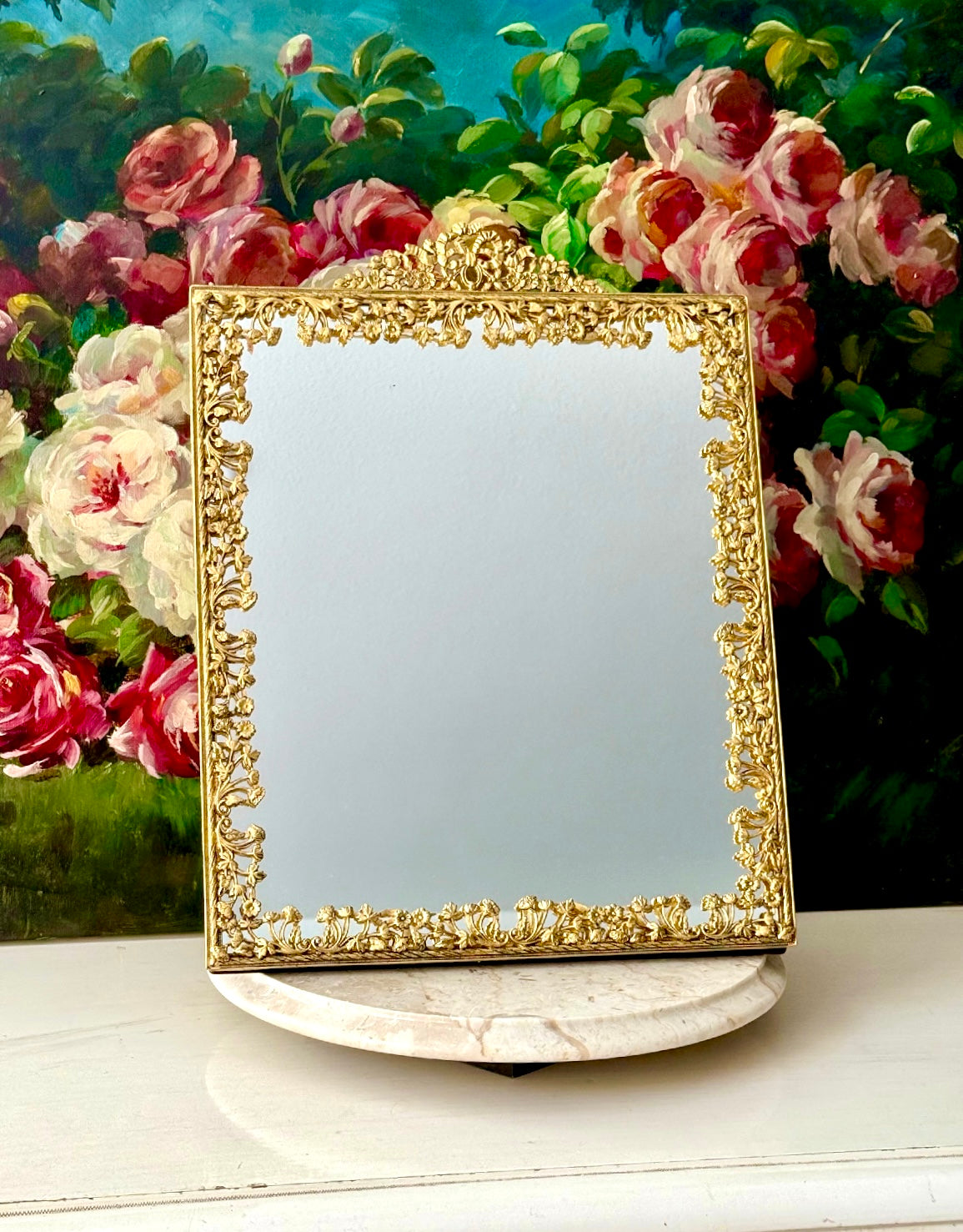 Antique/ Vintage French Victorian Style Gold-gilded Brass Framed Wall or Table Mirror with Flowers Decoration on the Frame