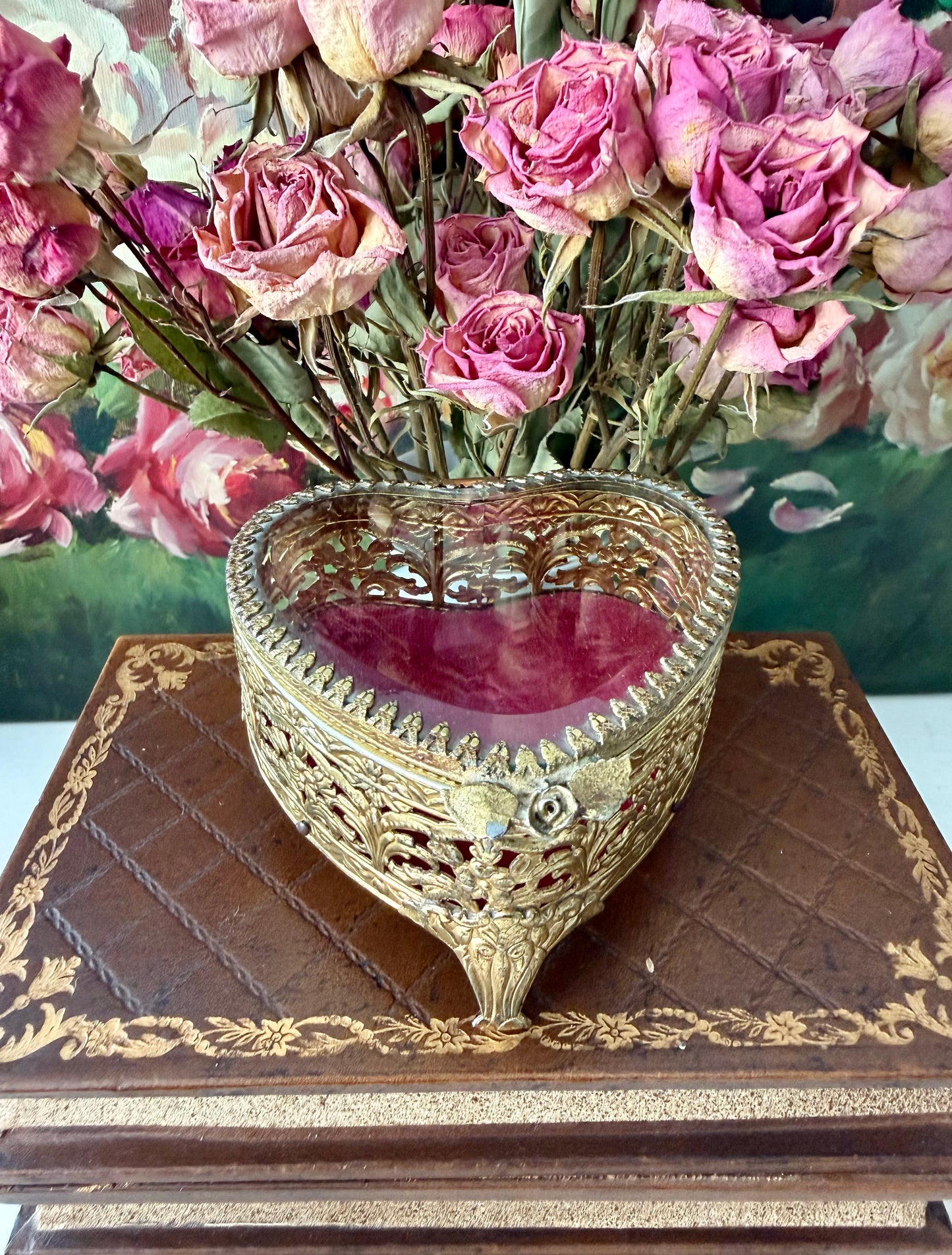 Antique French Style Gold-plated Ormolu Filigree Heart-shaped Trinket or Jewelry Box with a Plush Red Velvet Lining