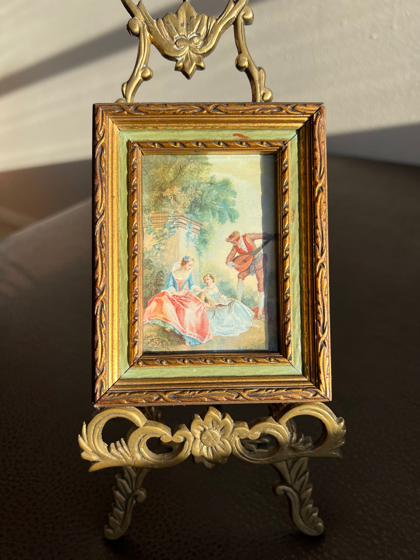 Italian Florentine Style Mini Vintage Print Picture with Gilded Wooden Square Frame