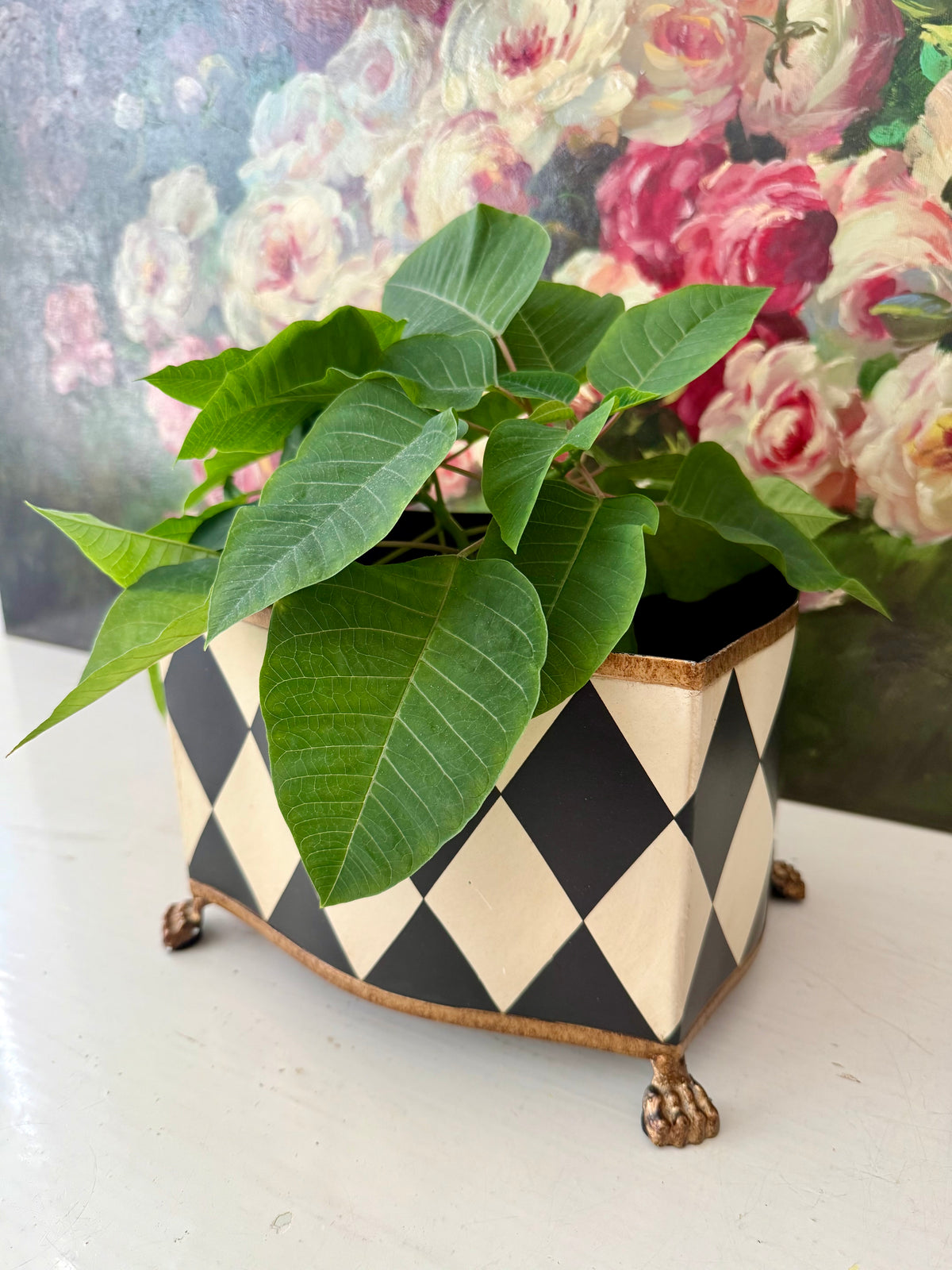Vintage Hand-painted Metal Flower Pot/Planter with a Harlequin Pattern and Claw Feet