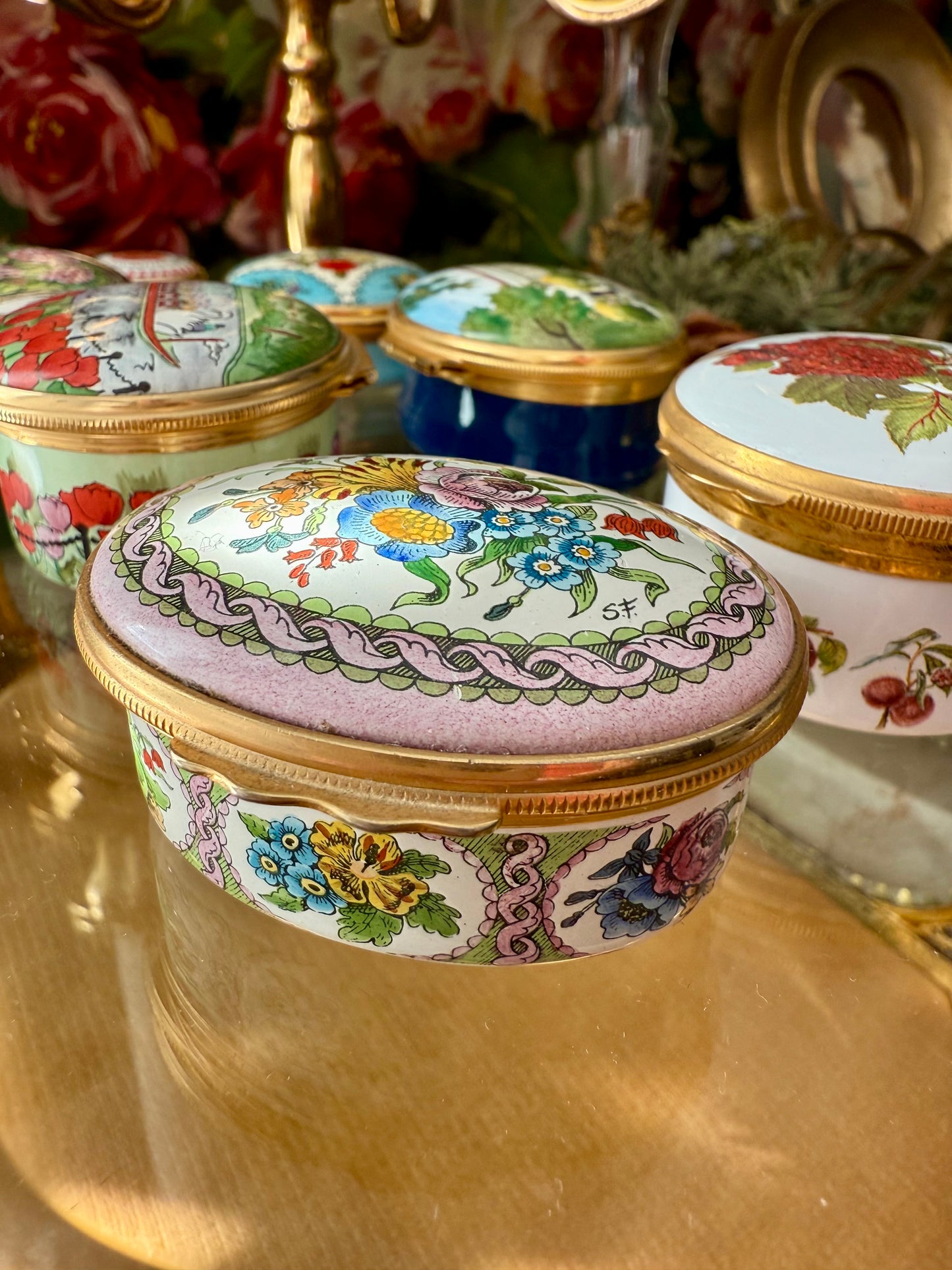 Halcyon Days Vintage Hand-Painted Enamel Floral Jewelry or Trinket Box, Made in England