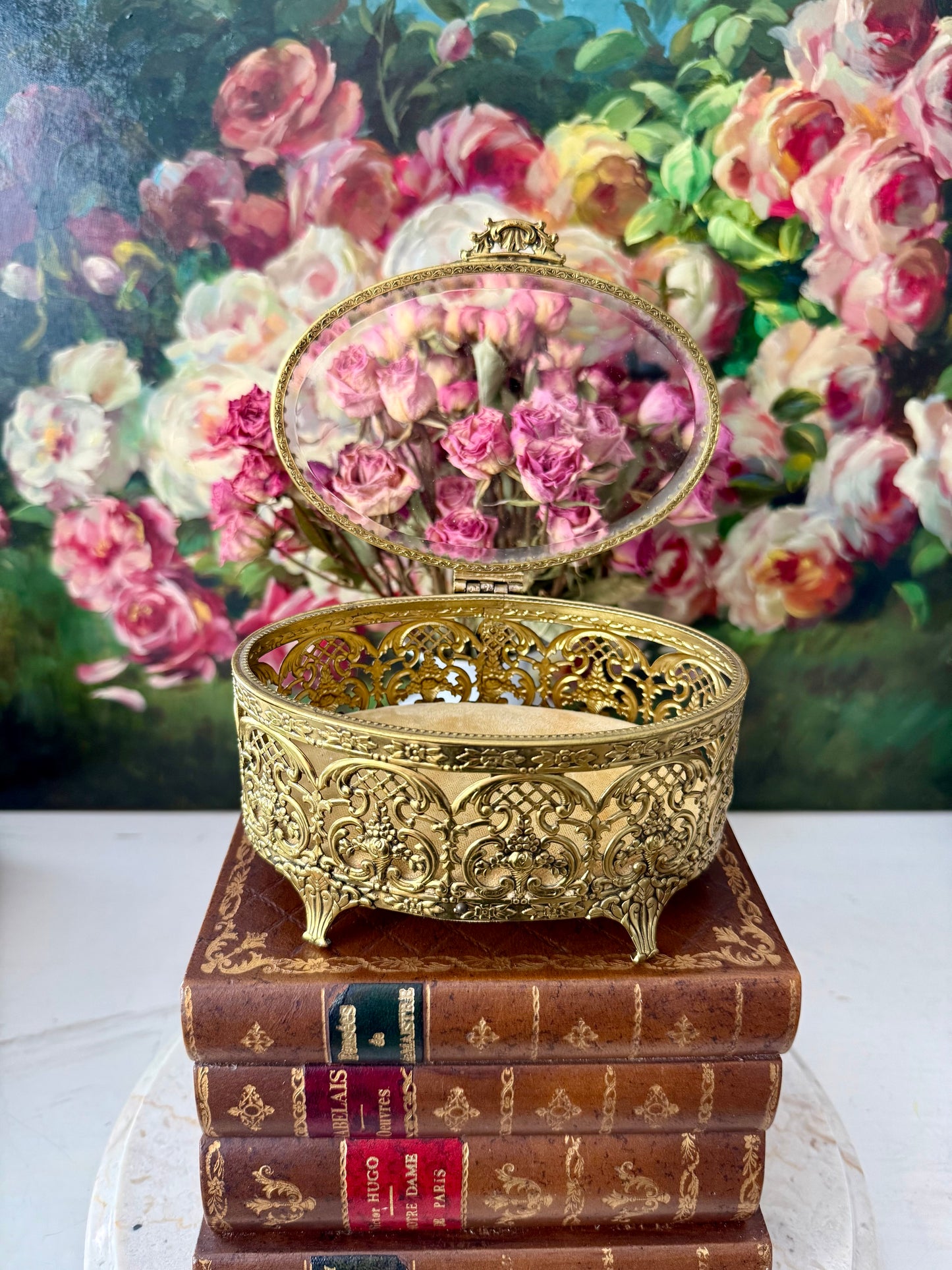 Matson Style Vintage Gold-plated and Glass Hollywood Regency Oval Ormolu Brass Jewelry/ Trinket Box