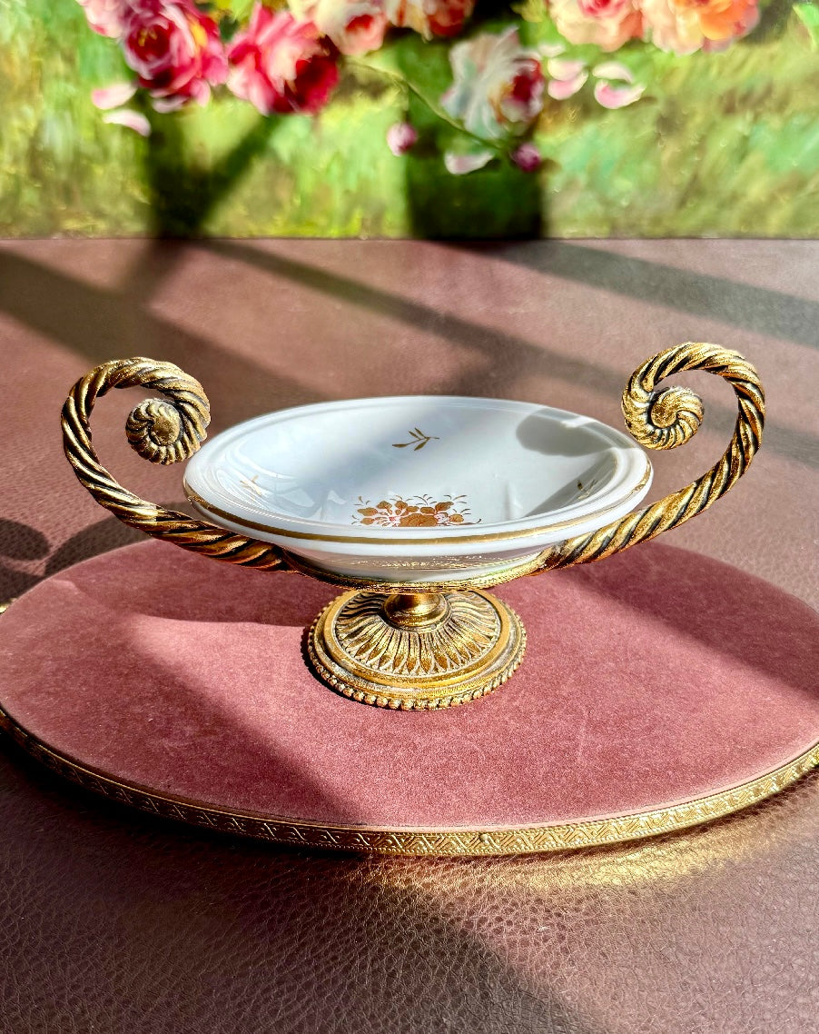 Vintage Victorian Style Porcelain Oval Soap Dish with Gilded Brass Handles