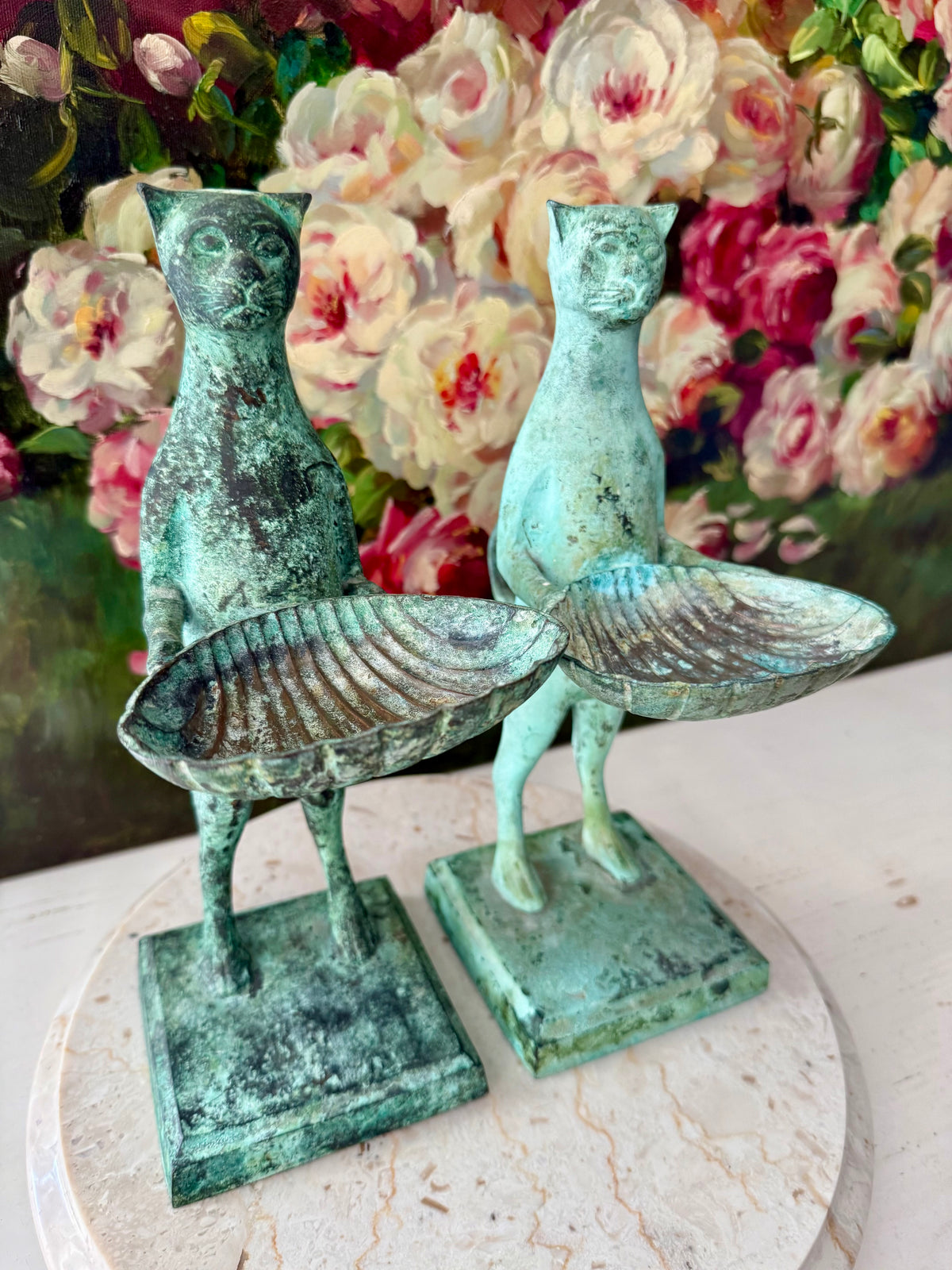 Antique Diego Giacometti-Style Patinated Bronze "Cat Butler" Statues, often used as Soap Dishes, Business Card Holders, or Trinket Trays - This price applies to a single item only!