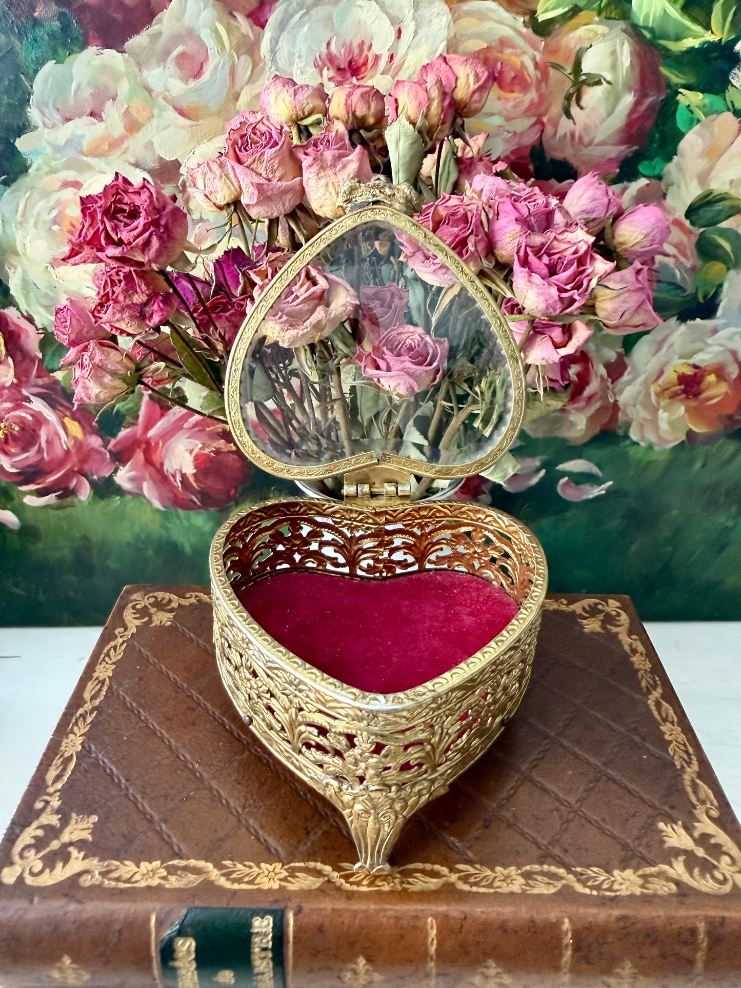 Antique French Style Gold-plated Ormolu Filigree Heart-shaped Trinket or Jewelry Box with a Plush Red Velvet Lining
