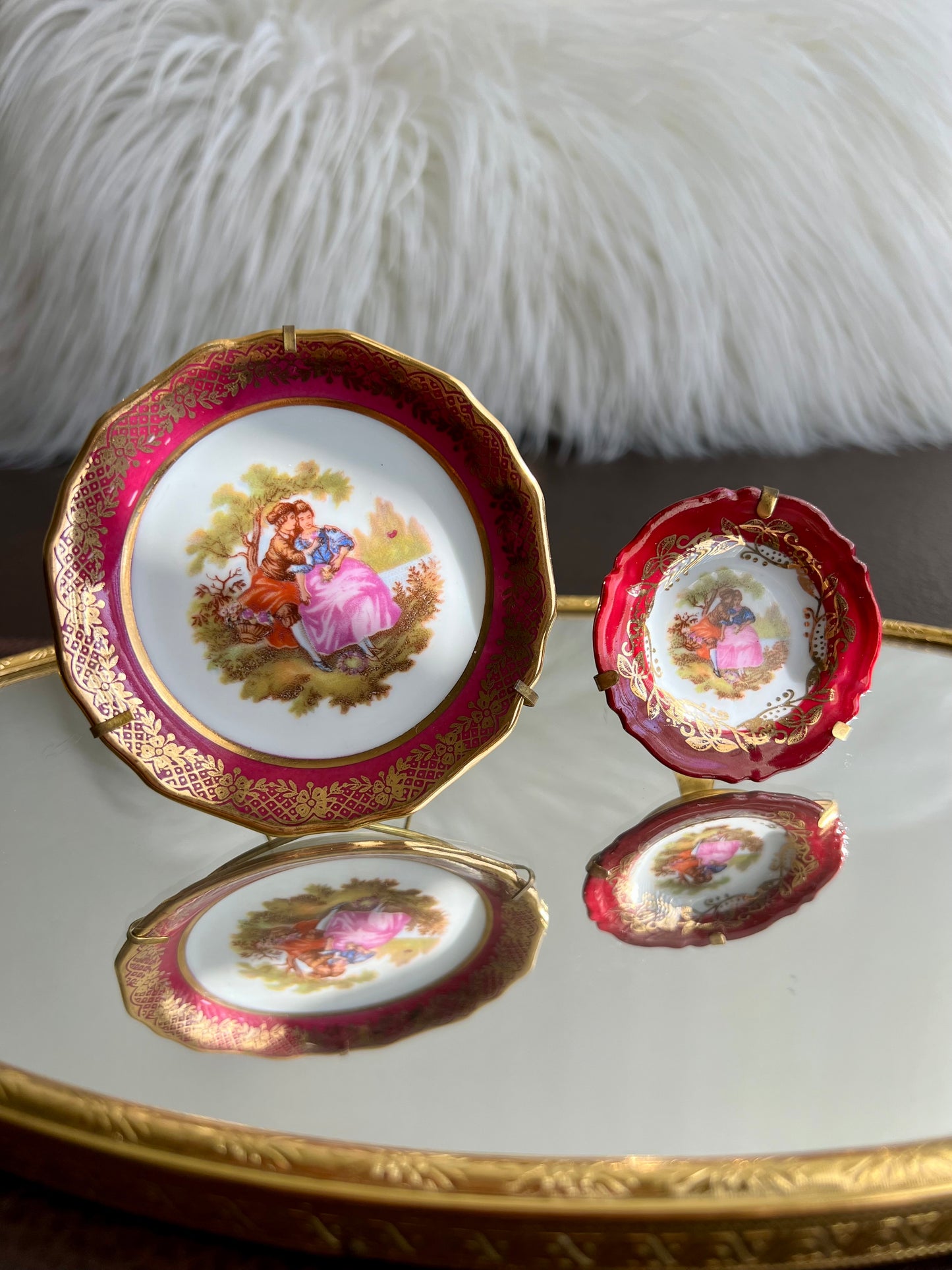 Limoges Vintage Miniature Porcelain Pink Rimmed Plate with Victorian Courting Couple (I have already sold the small plate)