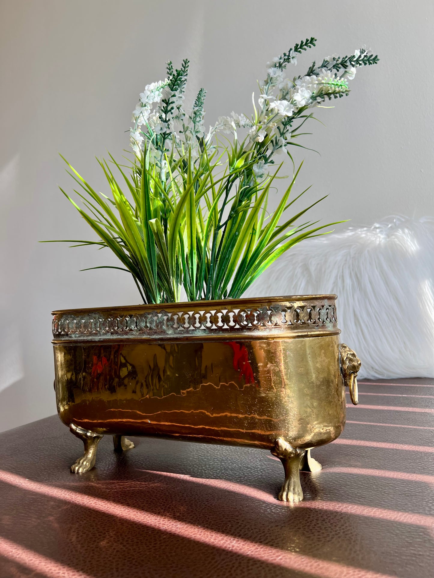 Antique/ Vintage Brass Planter Jardinière Ornate with Four Lion Paws Footed and Two Lion Heads with Rings