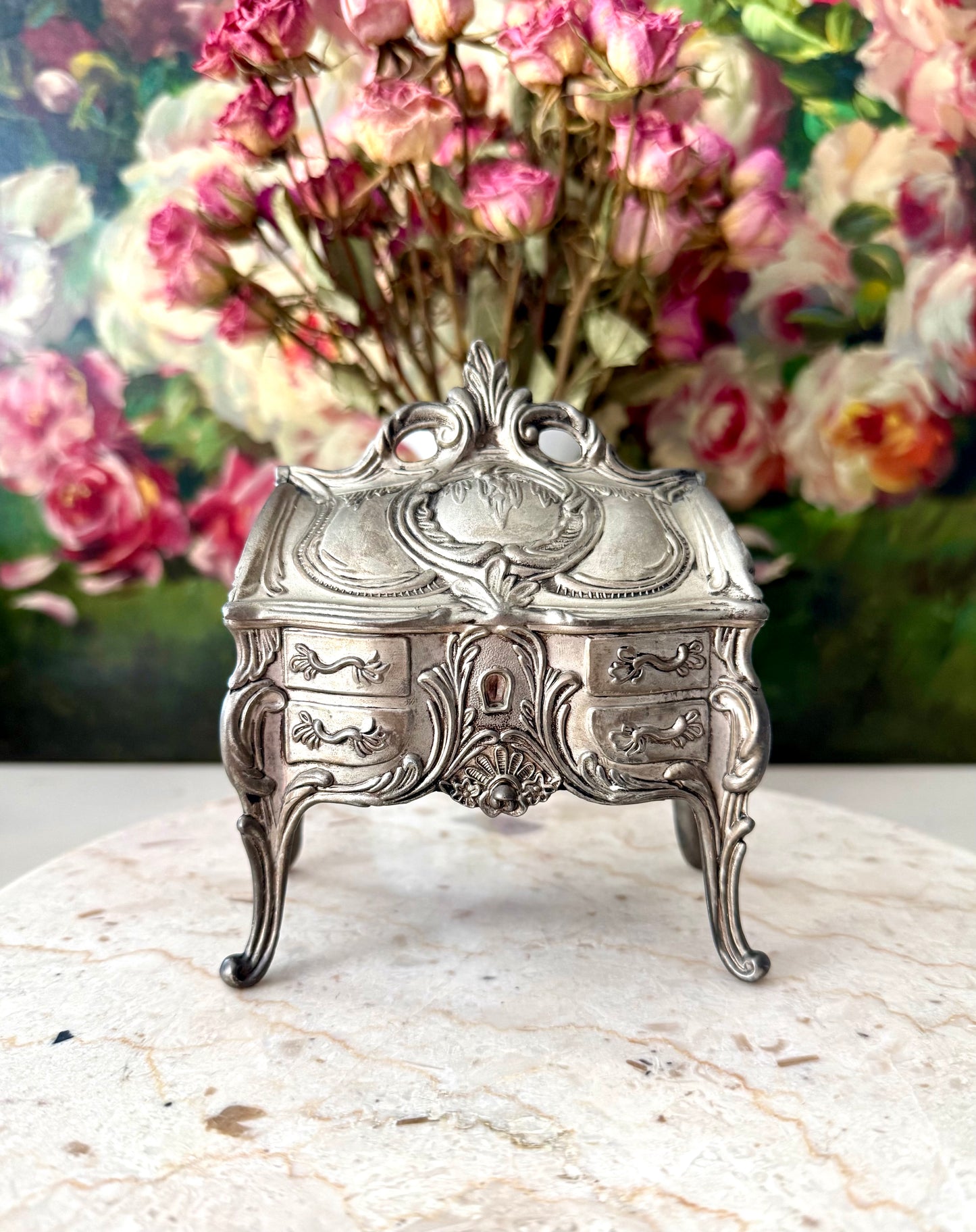 Antique Art Nouveau French Style Silver Plated Jewelry Casket Velvet Lined Romantic Trinket Box