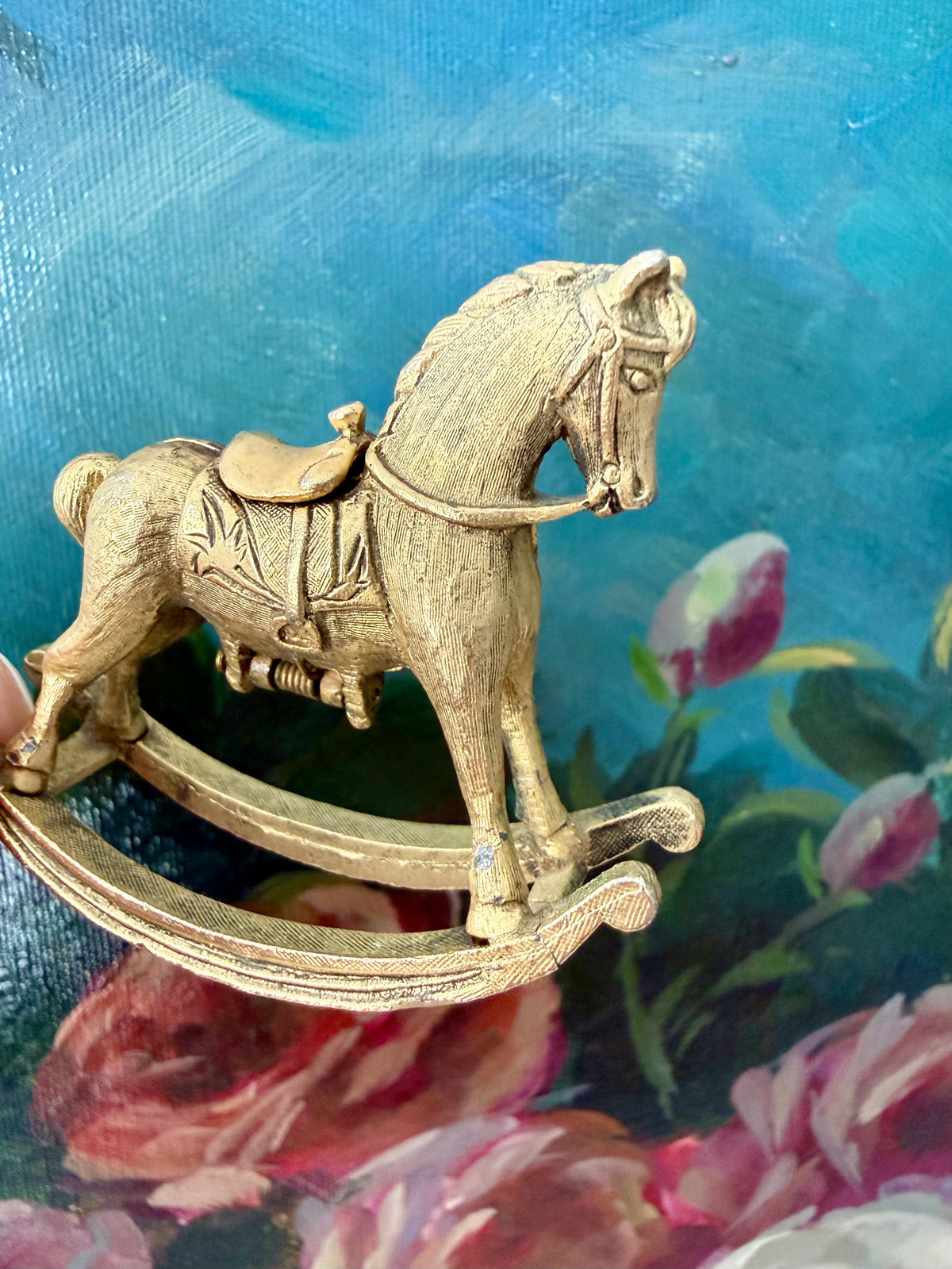 1970s Vintage Max Factor Gold-toned Metal “Rocking Horse” Perfume Compact
