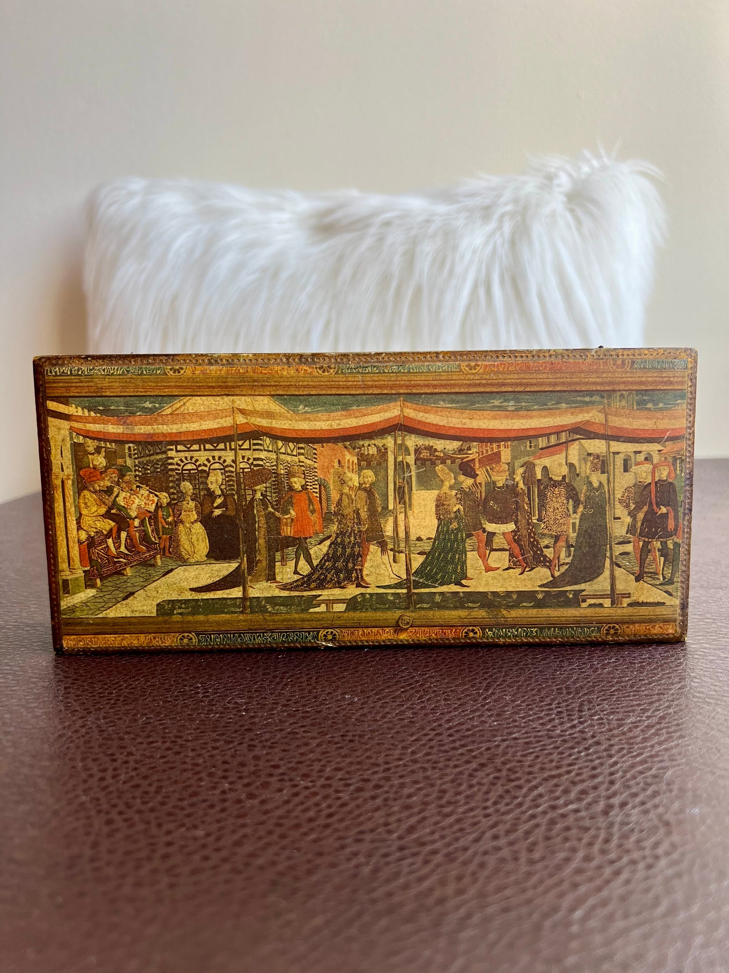 Italian Florentine Gold Gilt Large Jewelry/ Trinket Wooden Box, Wedding Scene on Top of the Lid