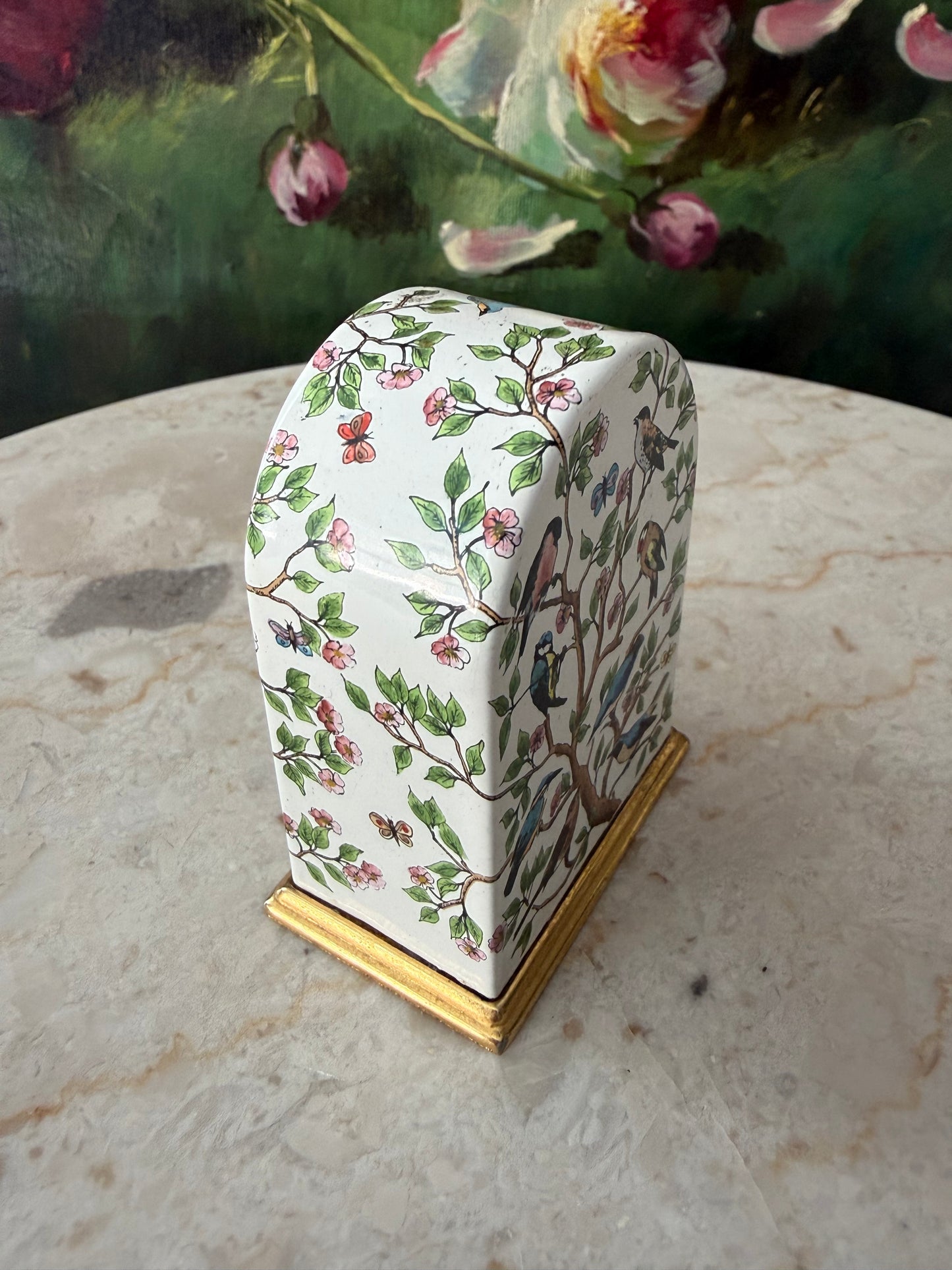 Halcyon Days Vintage Enamel Table Clock with Hand-painted Birds and Flowers Design