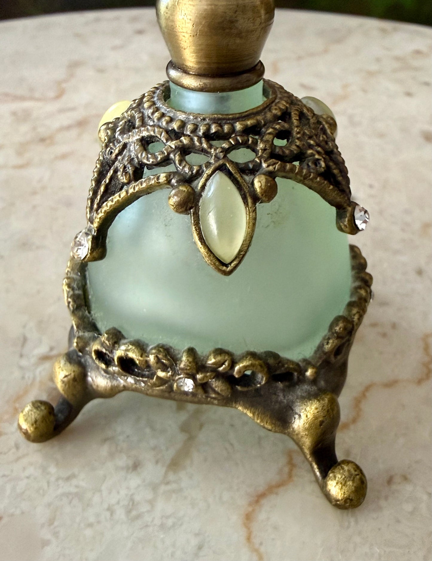 Vintage Frosted Green Glass Perfume Bottle Decorated with Rhinestones and Gemstones - Empty