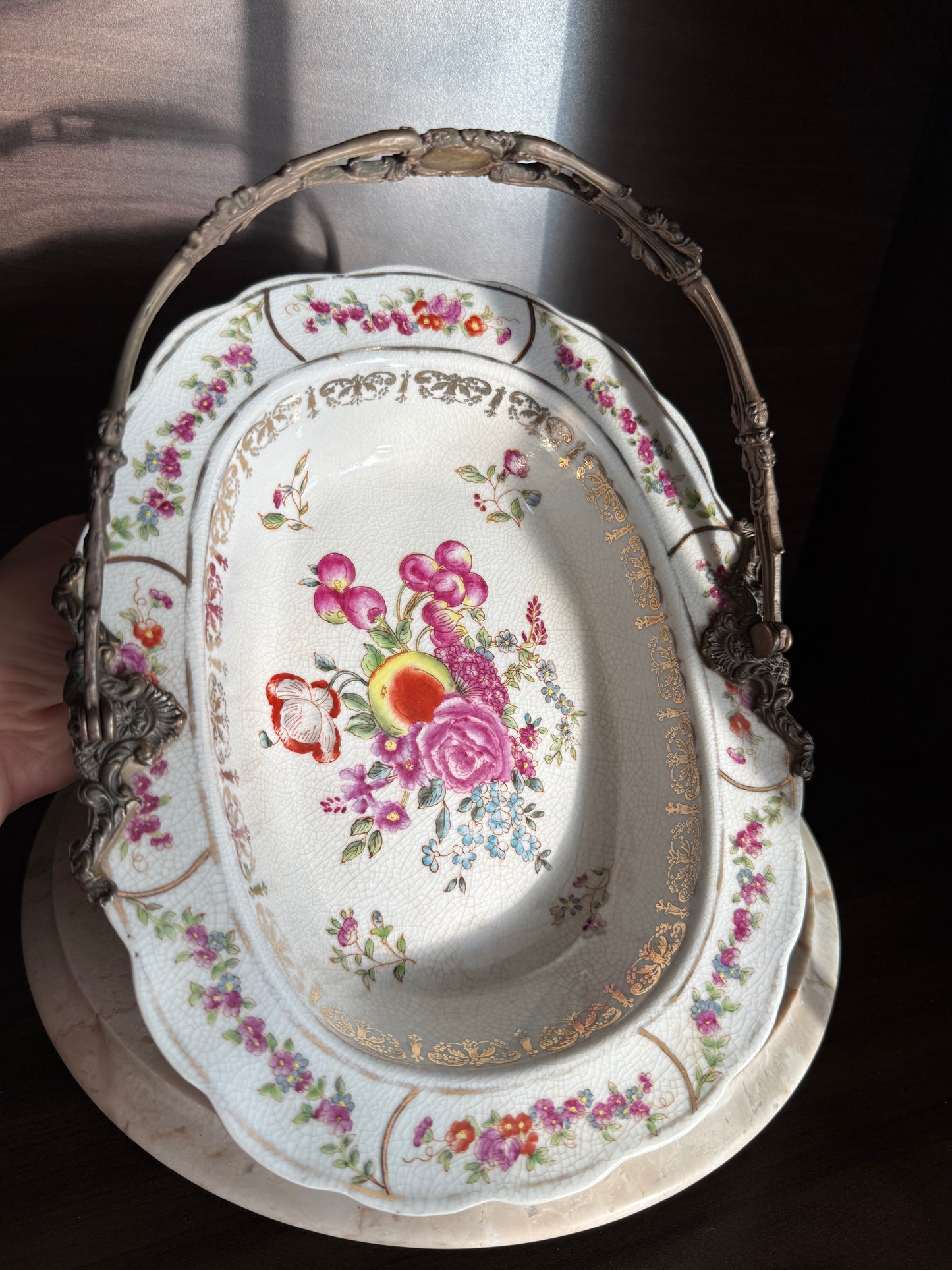 Porcelain Oval Crackle Glazed Vintage Basket Serving Dish with Decorative Bronze Handle, Floral Design and four Legs