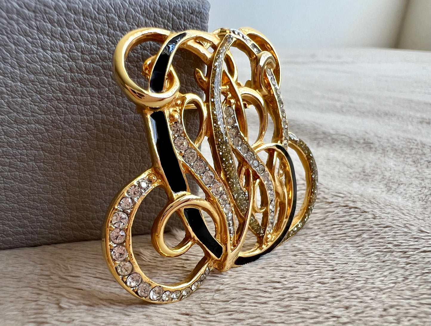 Sparkling Rhinestone Black & Gold Enamel Monogram Pin Brooch