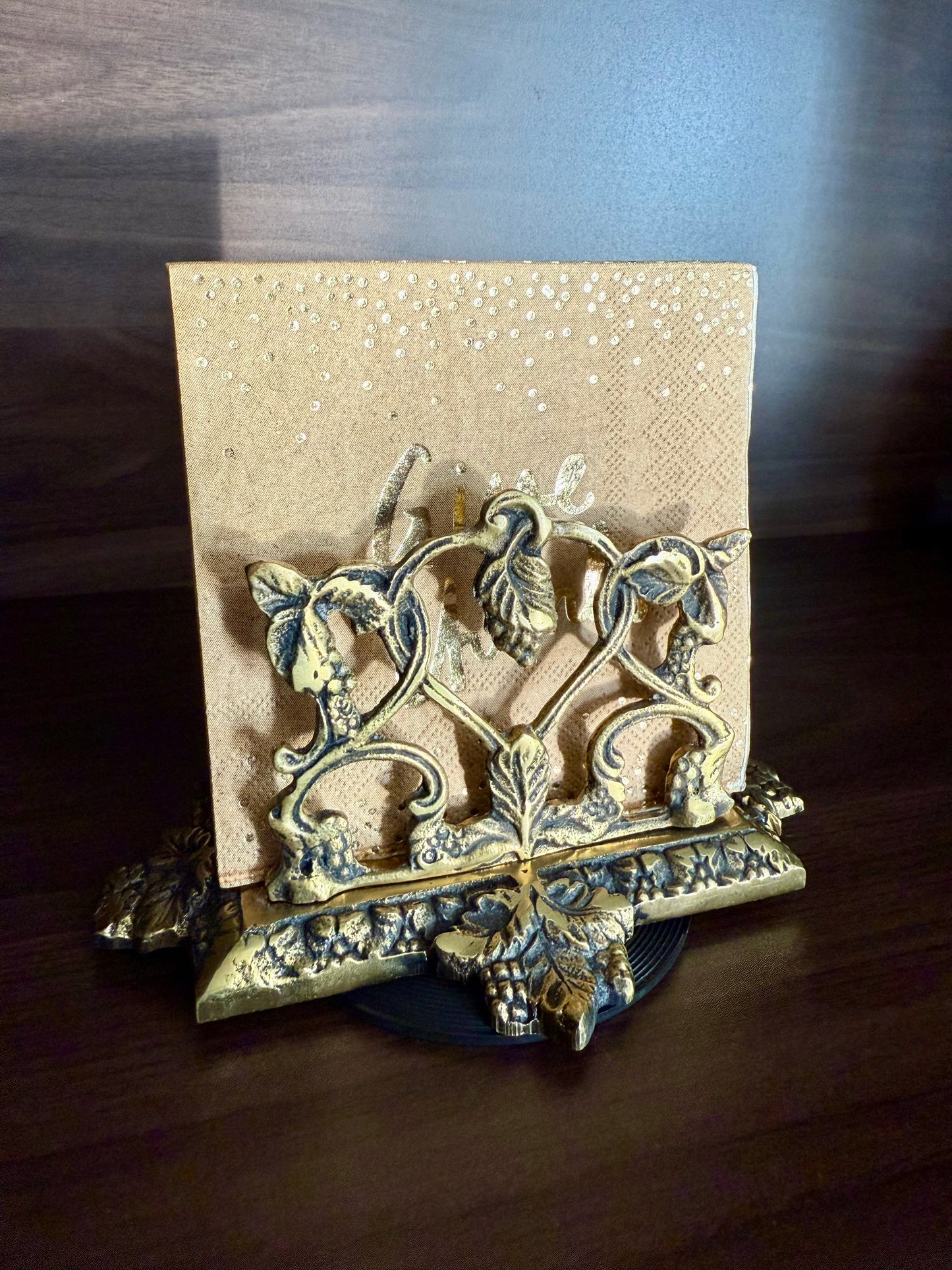 Vintage Brass Letter or Napkin Holder Desk Organizer with Grape Leaf Decoration, Made in England