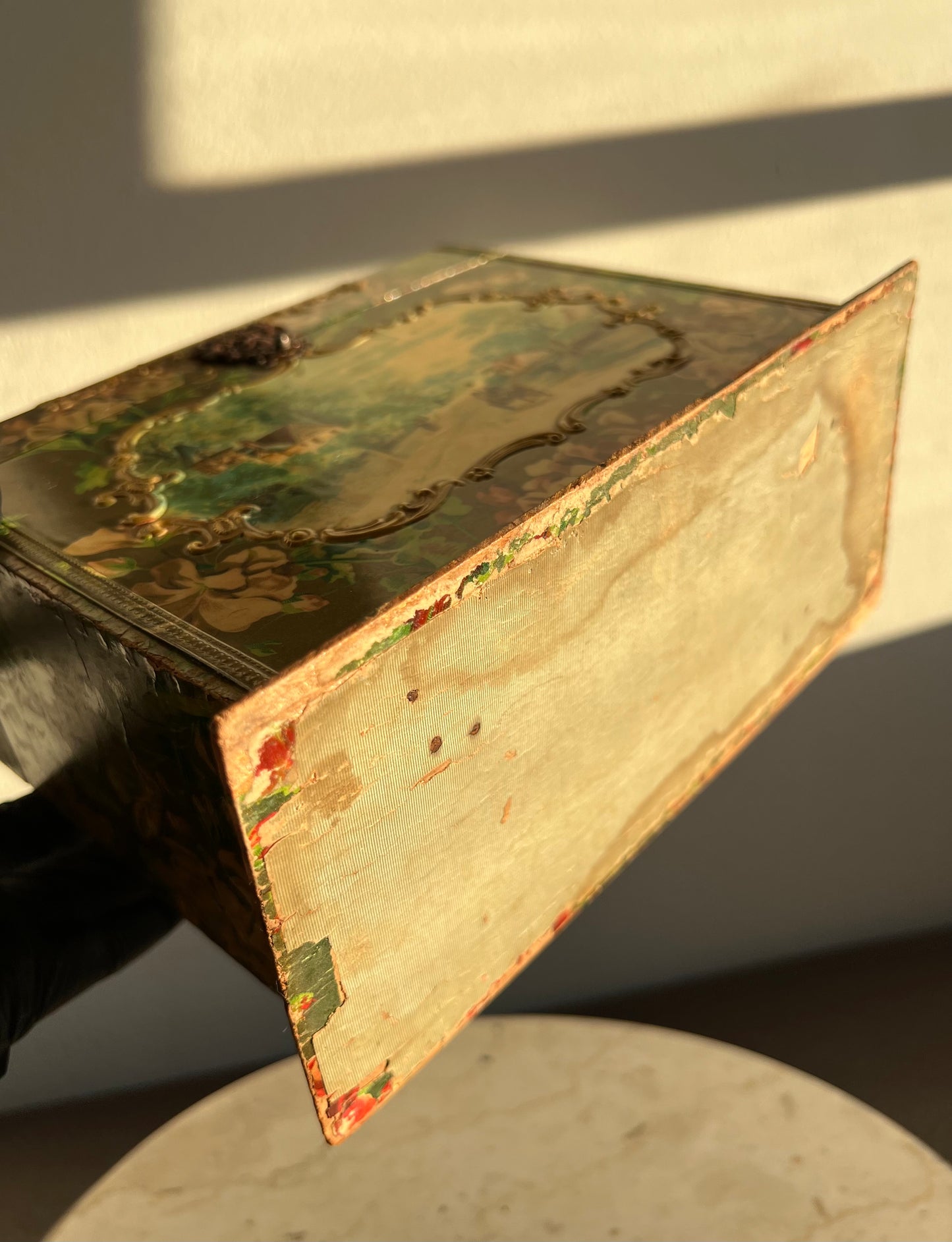 Antique Wooden Decorative Wallpaper Covered Recipe or Trinket Box with Floral Motif and Gilded Painting Design