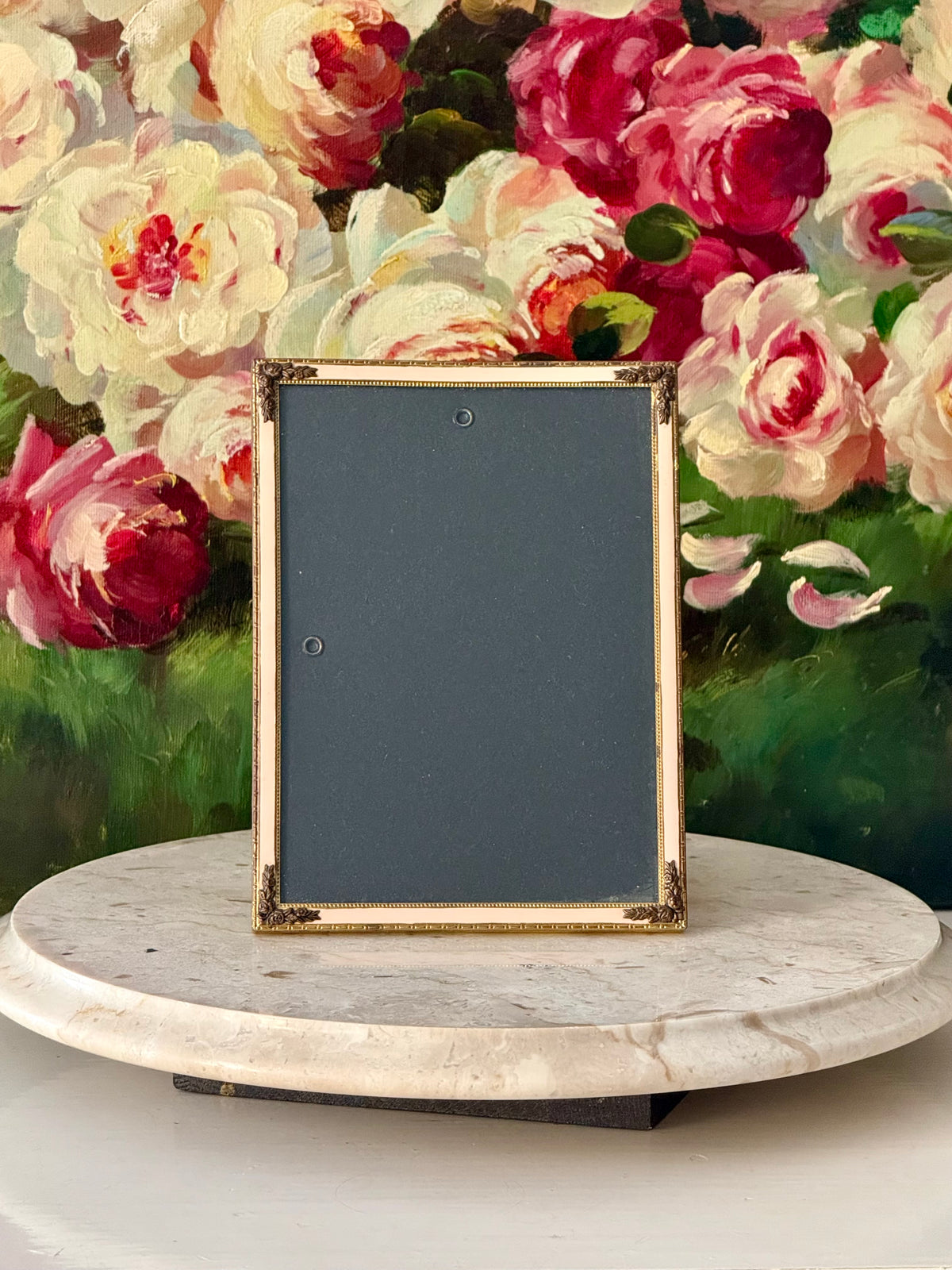 Elegant Gold-tone Classic Leaf and Floral Motif and Pastel Pink Enamel Style Vintage Photo or Picture Frame