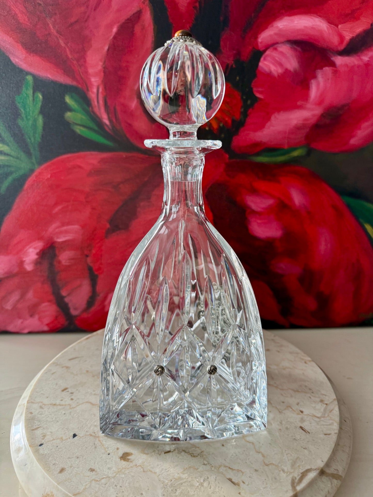 Ann Cichon Dallas Vintage Crystal Decanter with Stopper and Silver Tone Metal Jewels and Stones