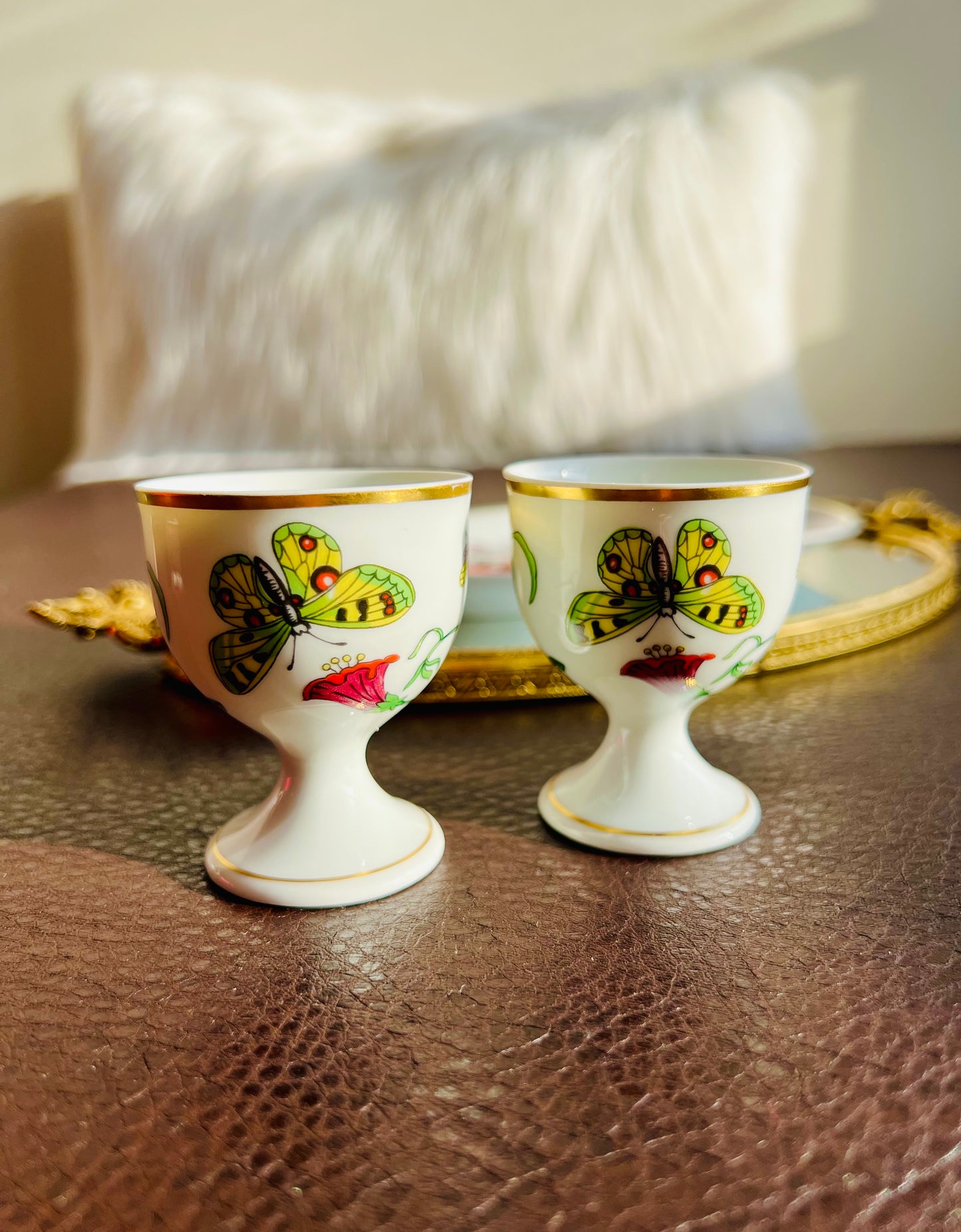 1980s Gucci Bernardaud Limoges Floral & Butterfly Print Porcelain Egg Cup and Salt Shaker Set, Made in France