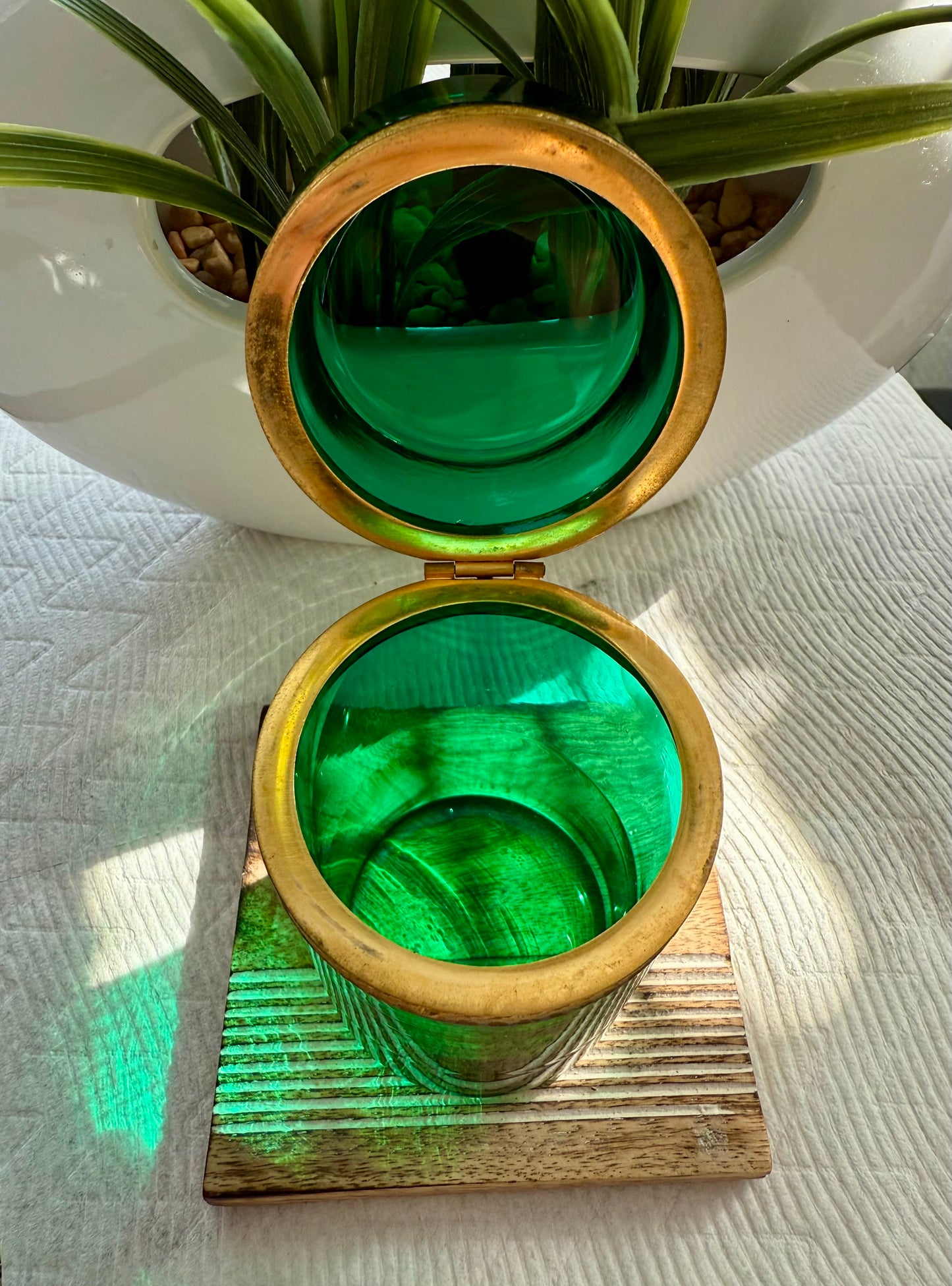 Antique Emerald Green Italian Murano Glass Cylindrical Jewelry or Trinket Box with Bronze Dore Gold Brass Mounts
